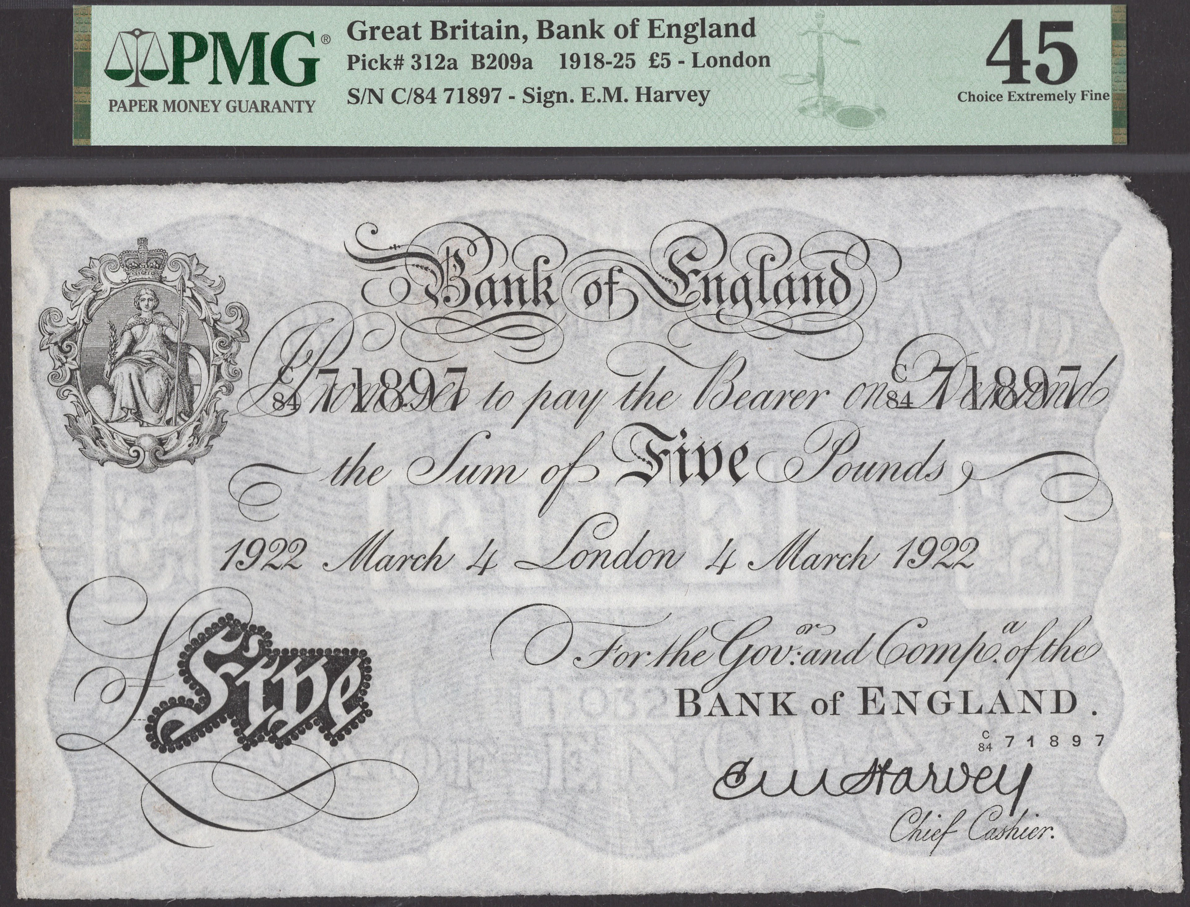 Bank of England, Ernest M. Harvey, £5, London, 4 March 1922, serial