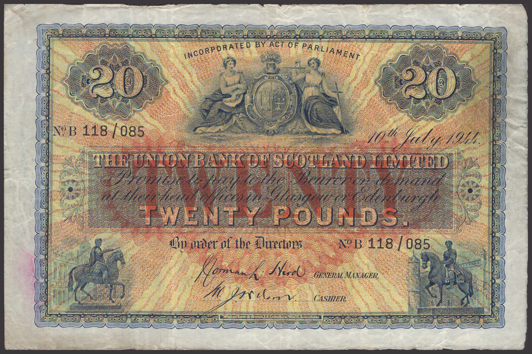 Union Bank of Scotland, £20, 10 July 1944, serial number B 118/085
