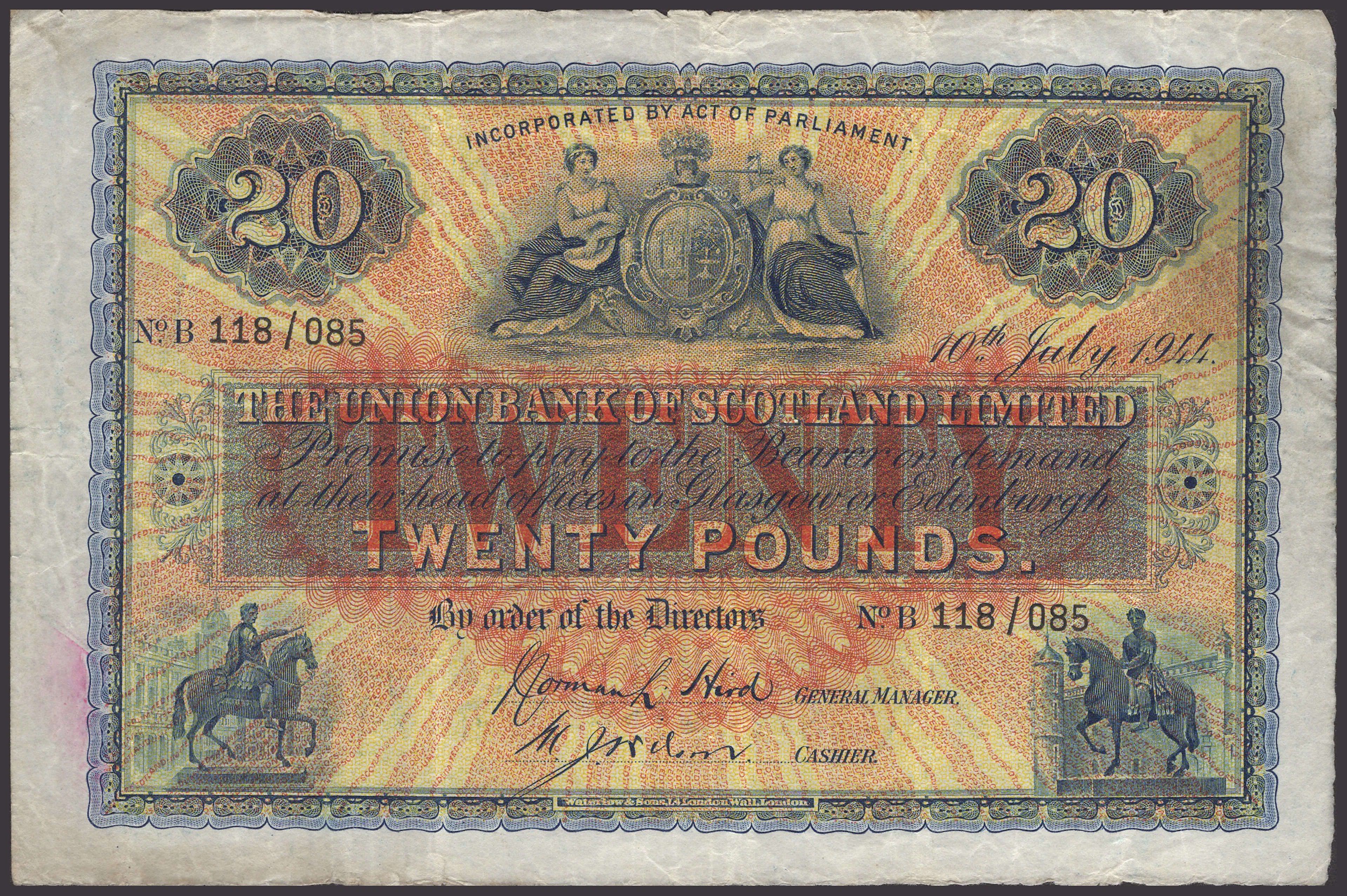 Union Bank of Scotland, £20, 10 July 1944, serial number B 118/085