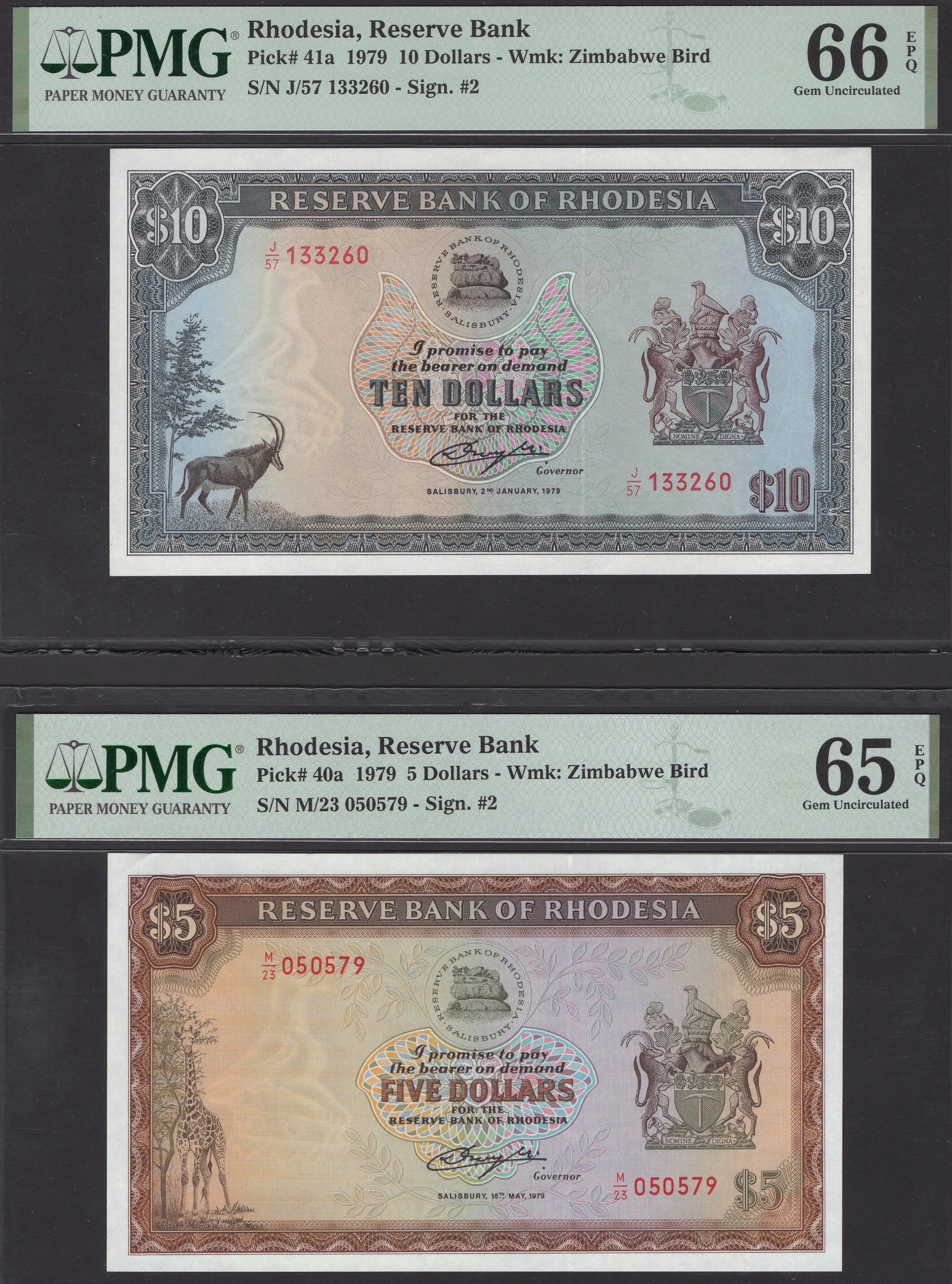 Reserve Bank of Rhodesia, $5 (2), 15 May 1979, serial numbers M/23