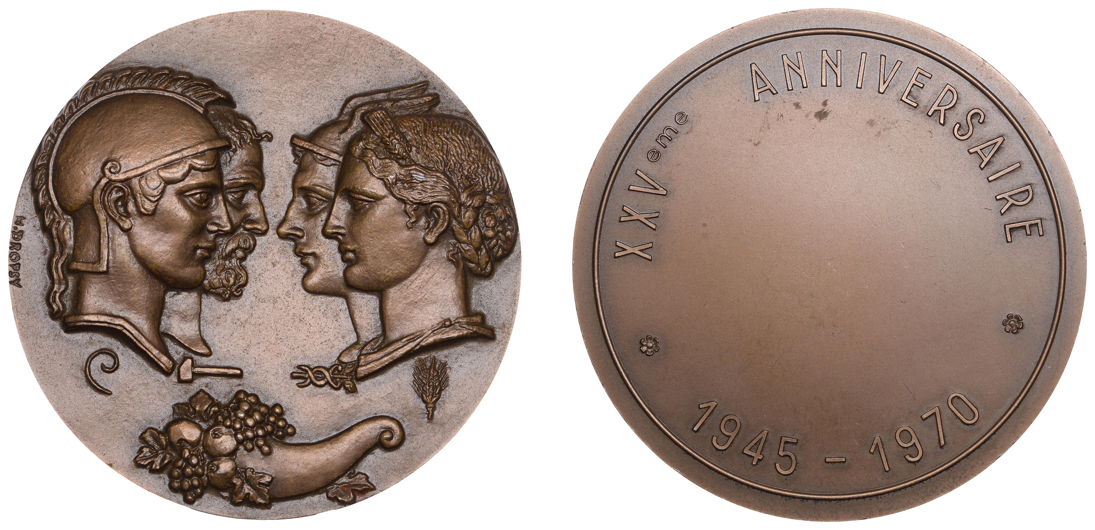 FRANCE, XXVème Anniversaire, 1970, a posthumous bronze award medal