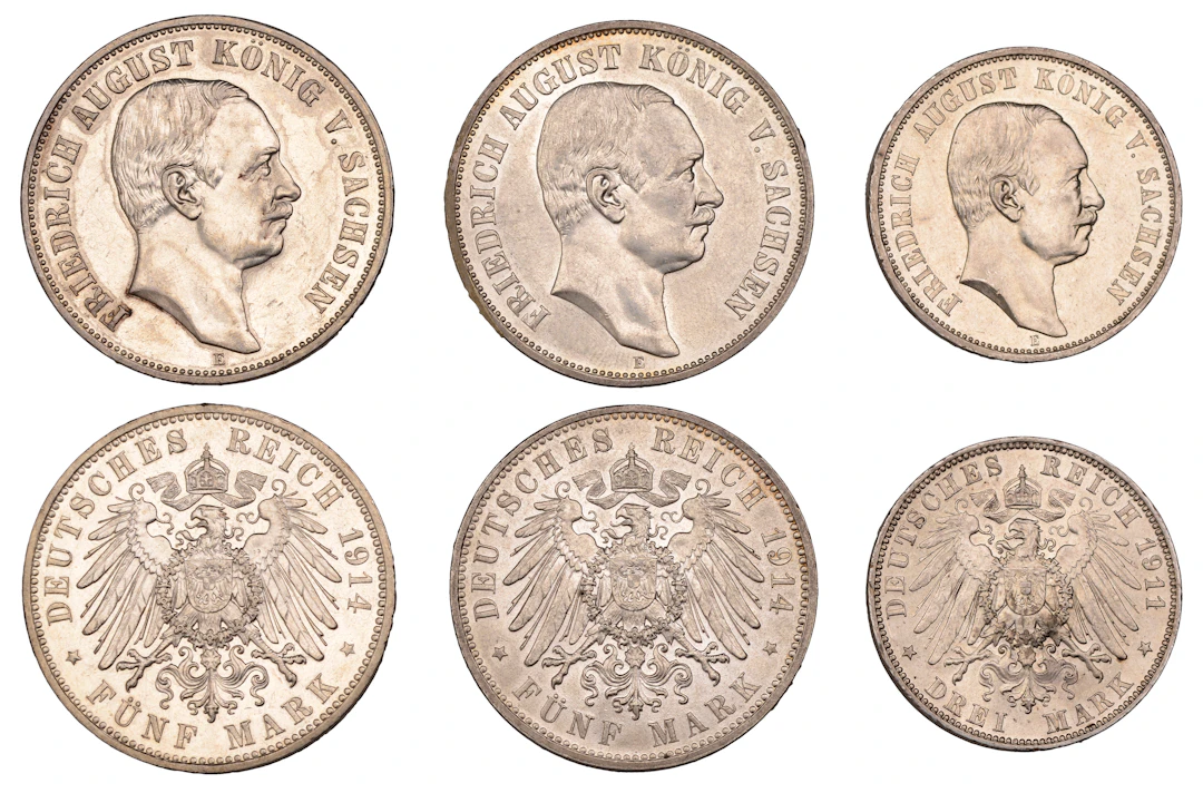 Germany, Saxony, Friedrich August III, 5 Mark (2), both 1914e, 3 Mark