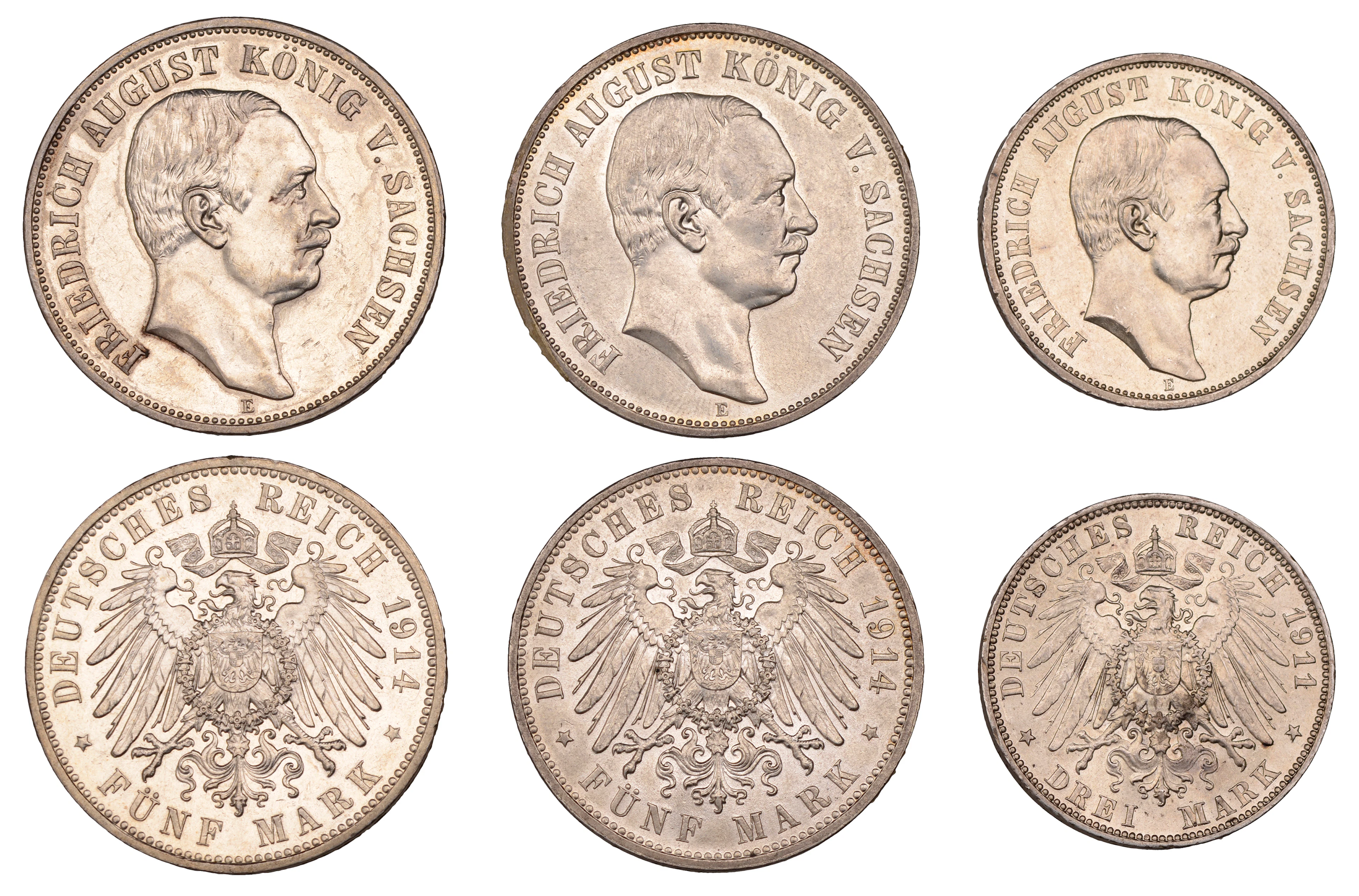 Germany, Saxony, Friedrich August III, 5 Mark (2), both 1914e, 3 Mark