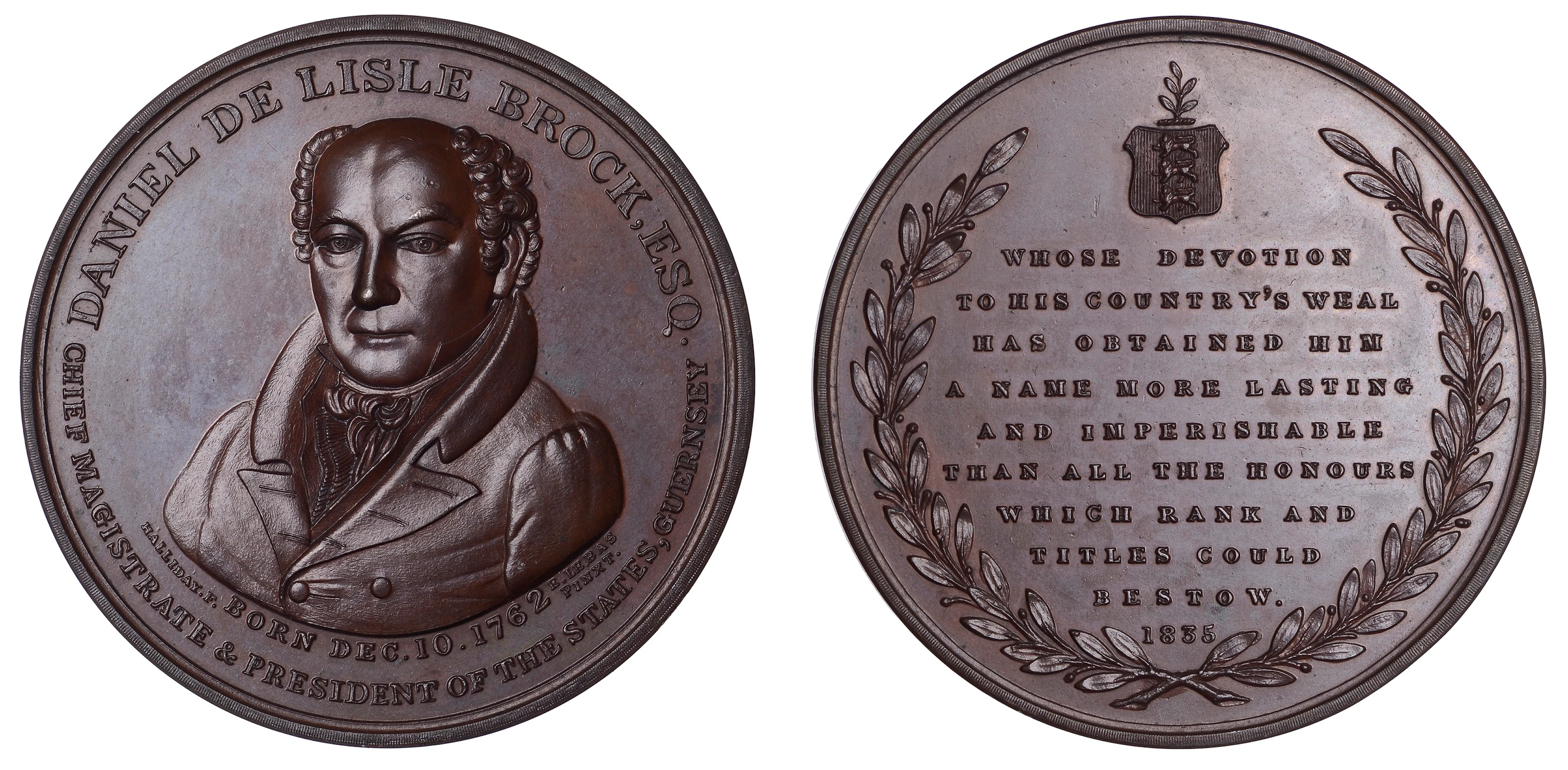 Daniel de Lisle Brock, 1835, a copper medal by T. Halliday, bust facing