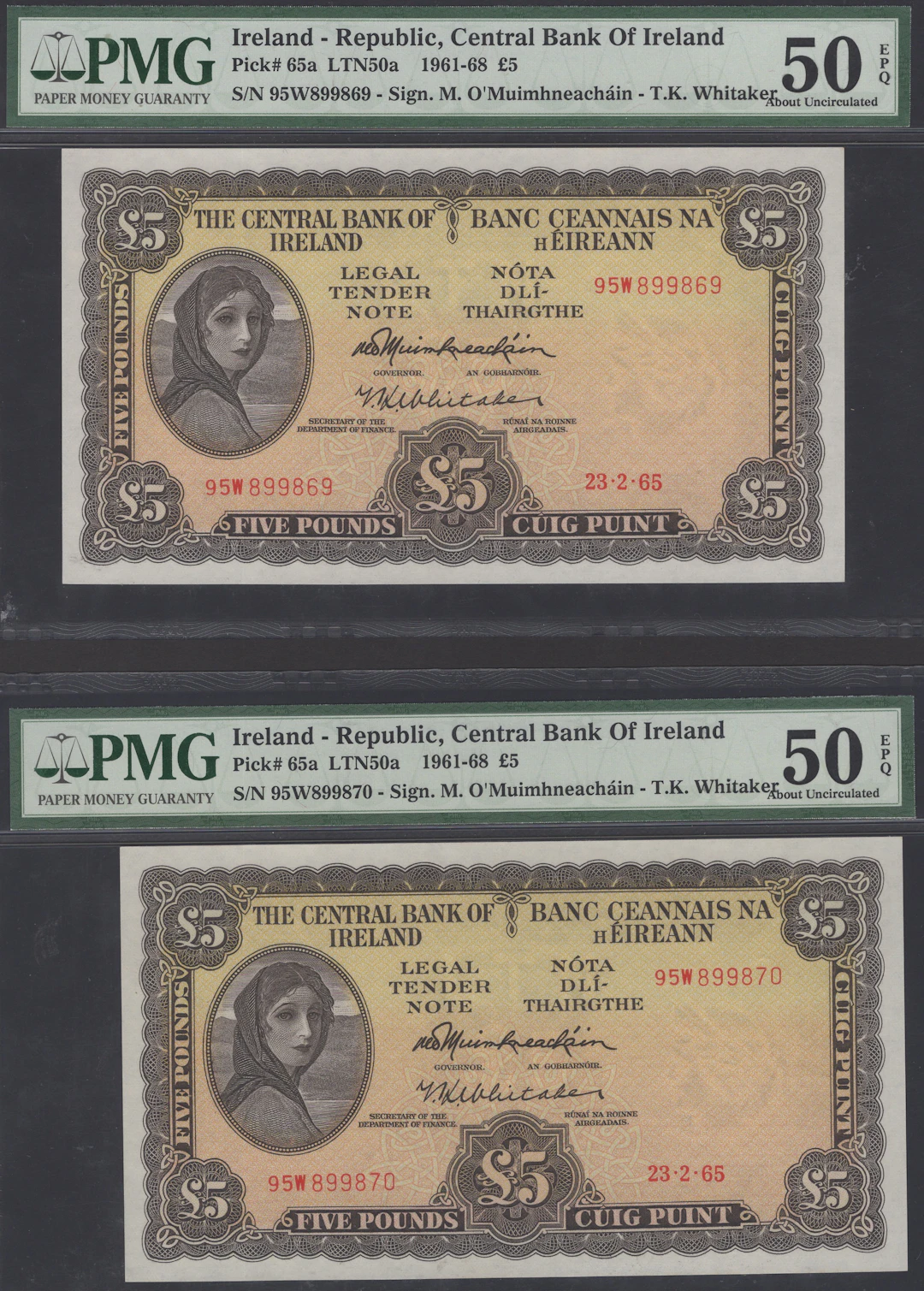 Central Bank of Ireland, £5 (2), 23 February 1965, consecutive serial
