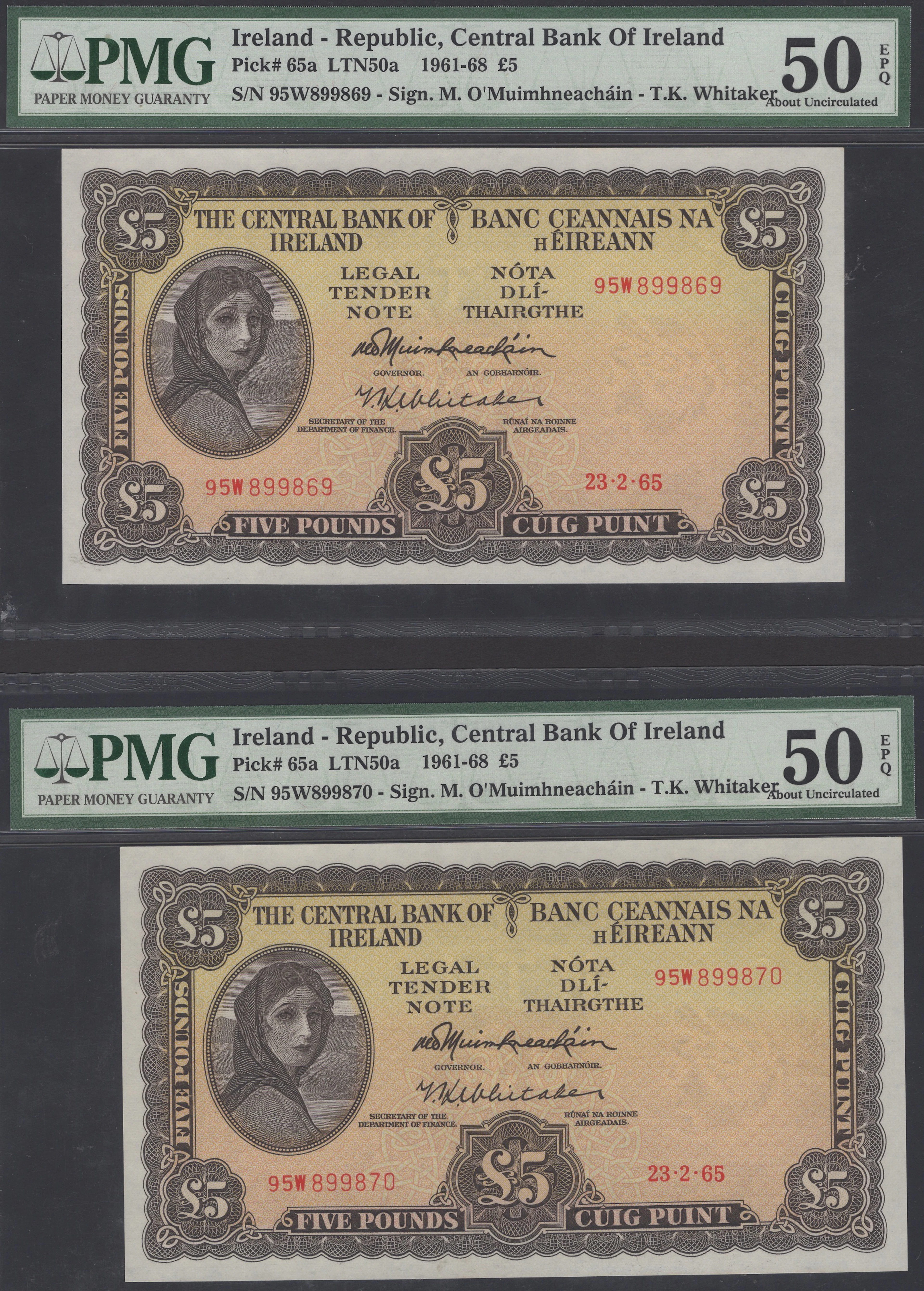 Central Bank of Ireland, £5 (2), 23 February 1965, consecutive serial