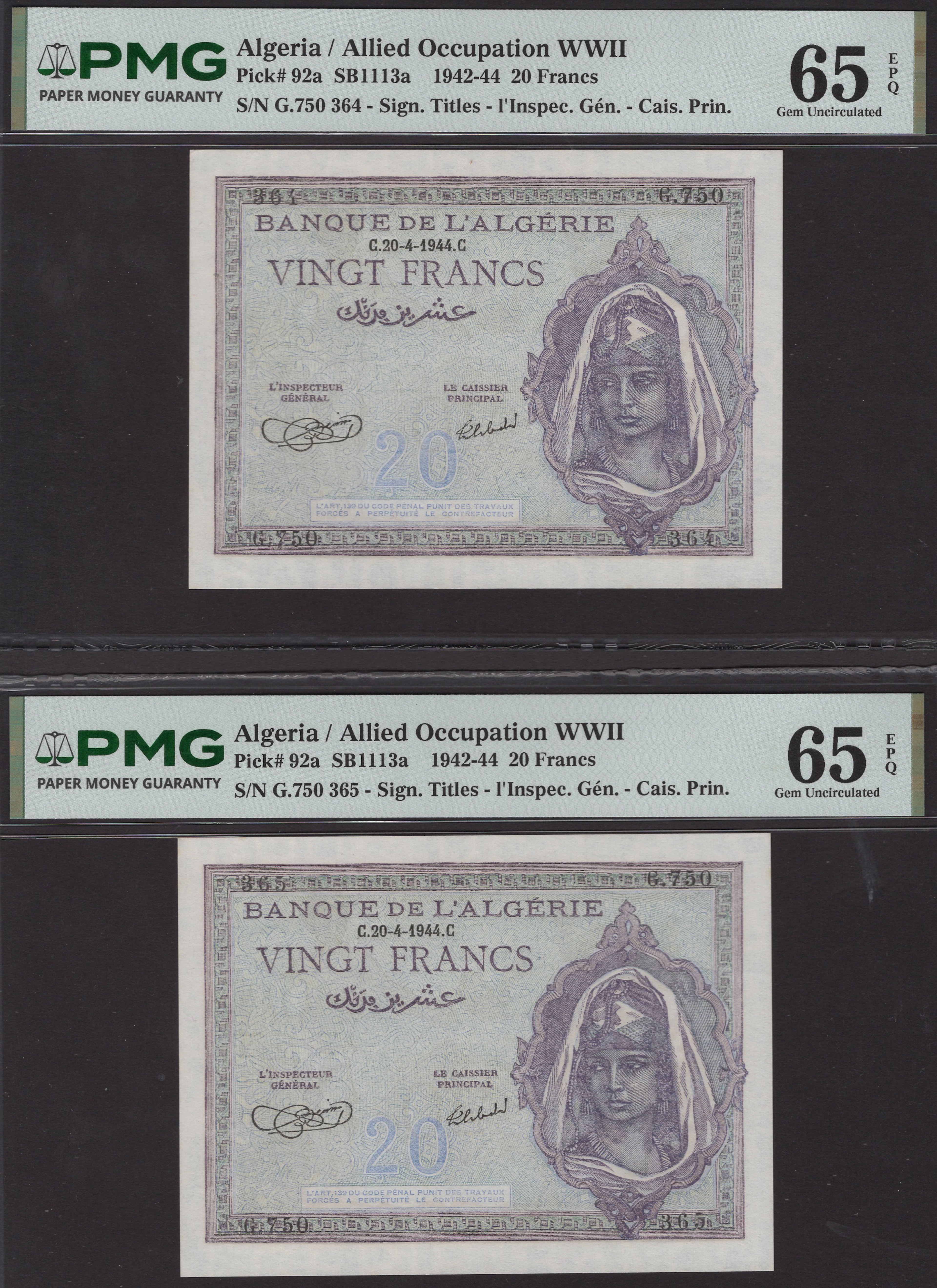 Banque de l’Algerie, 20 Francs (2), 20 April 1944, consecutive serial