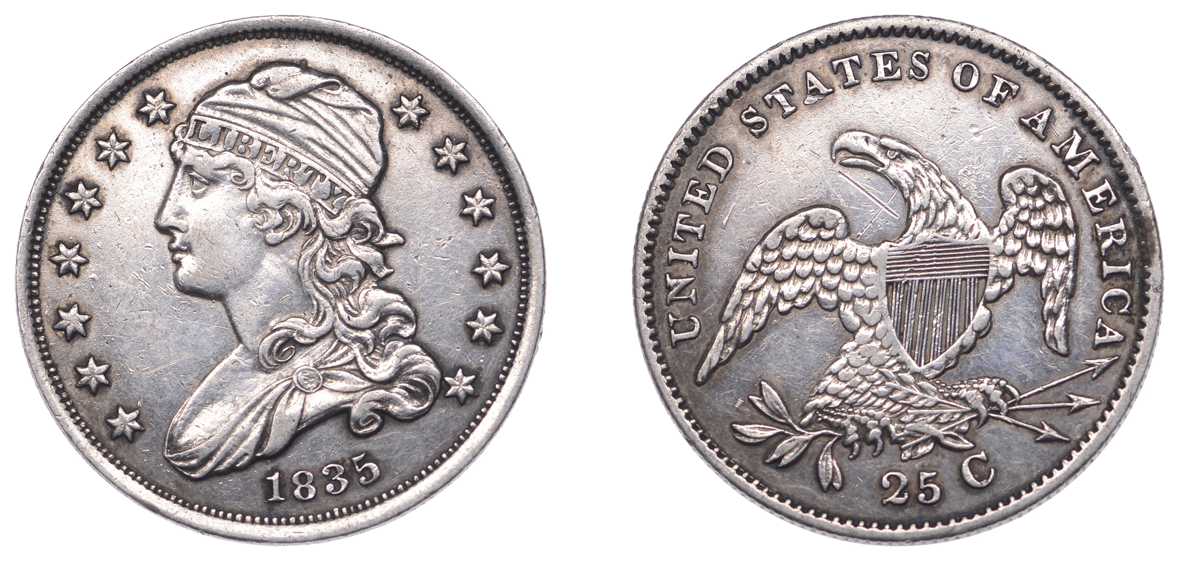 United States of America, 25 Cents, 1835, Philadelphia (KM 55). Harshly