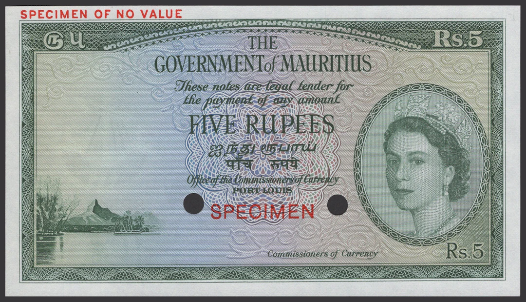 Government of Mauritius, colour trial 5 Rupees, ND (1954-65), no serial