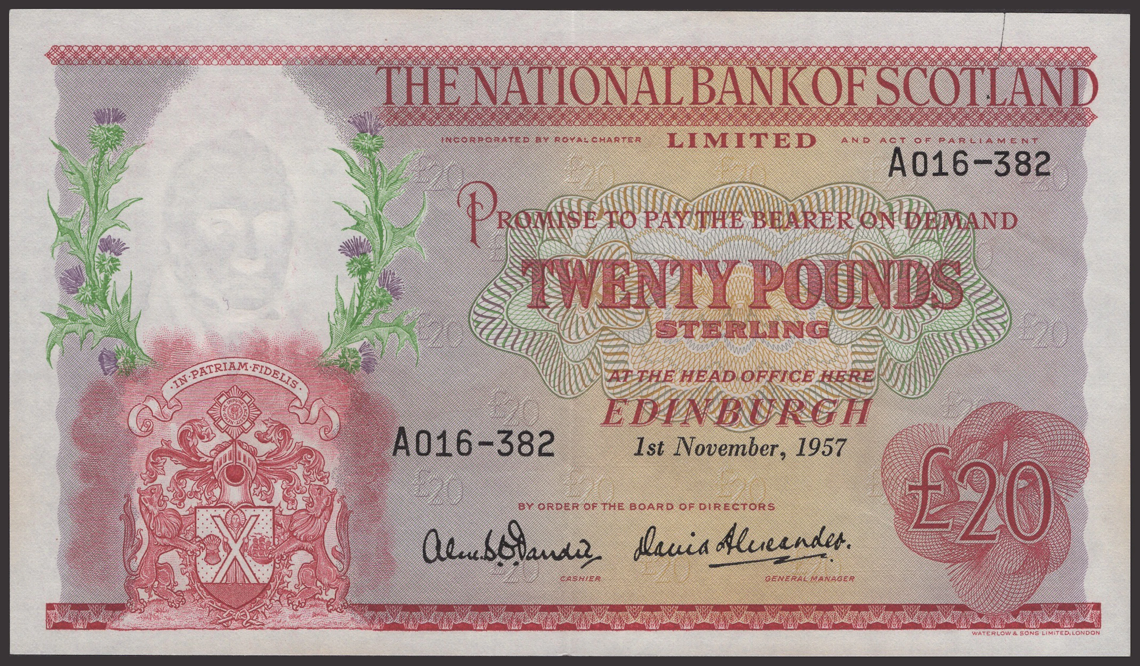 National Bank of Scotland Limited, £20 (15), 1 November 1957, serial