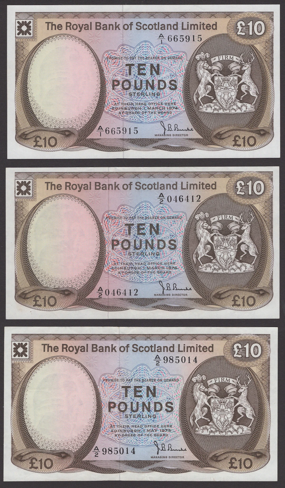 Royal Bank of Scotland Limited, £10 (3), 1 March 1974 (2), serial