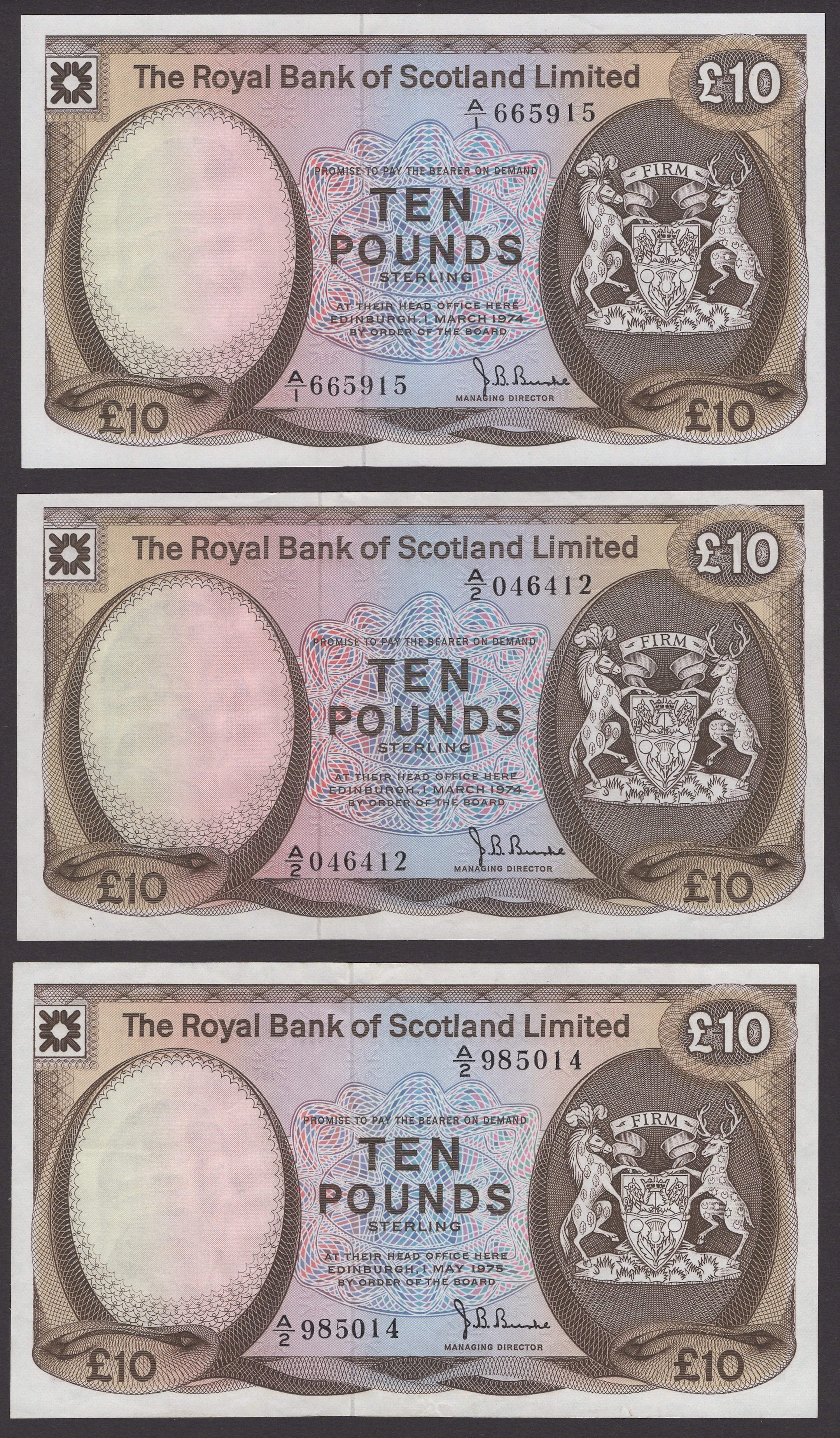 Royal Bank of Scotland Limited, £10 (3), 1 March 1974 (2), serial