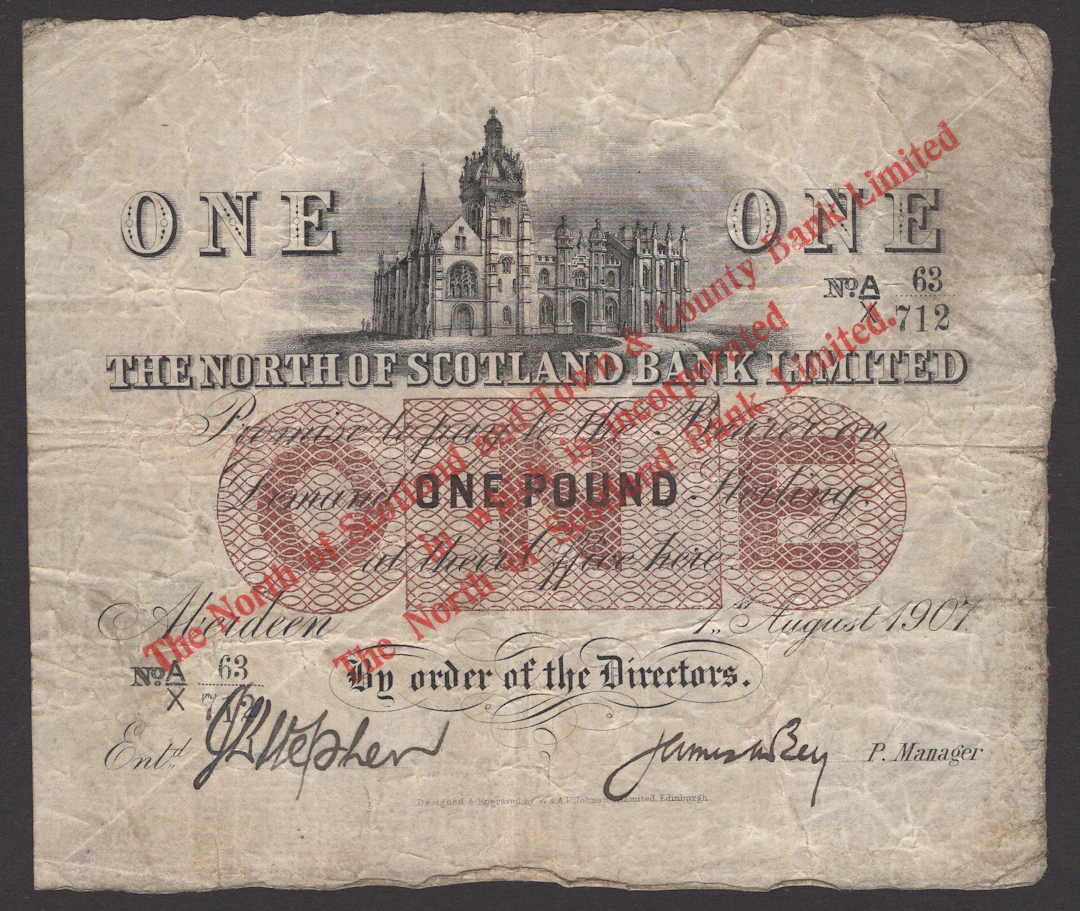 North of Scotland & Town & County Bank Limited, £1, 1 August 1907