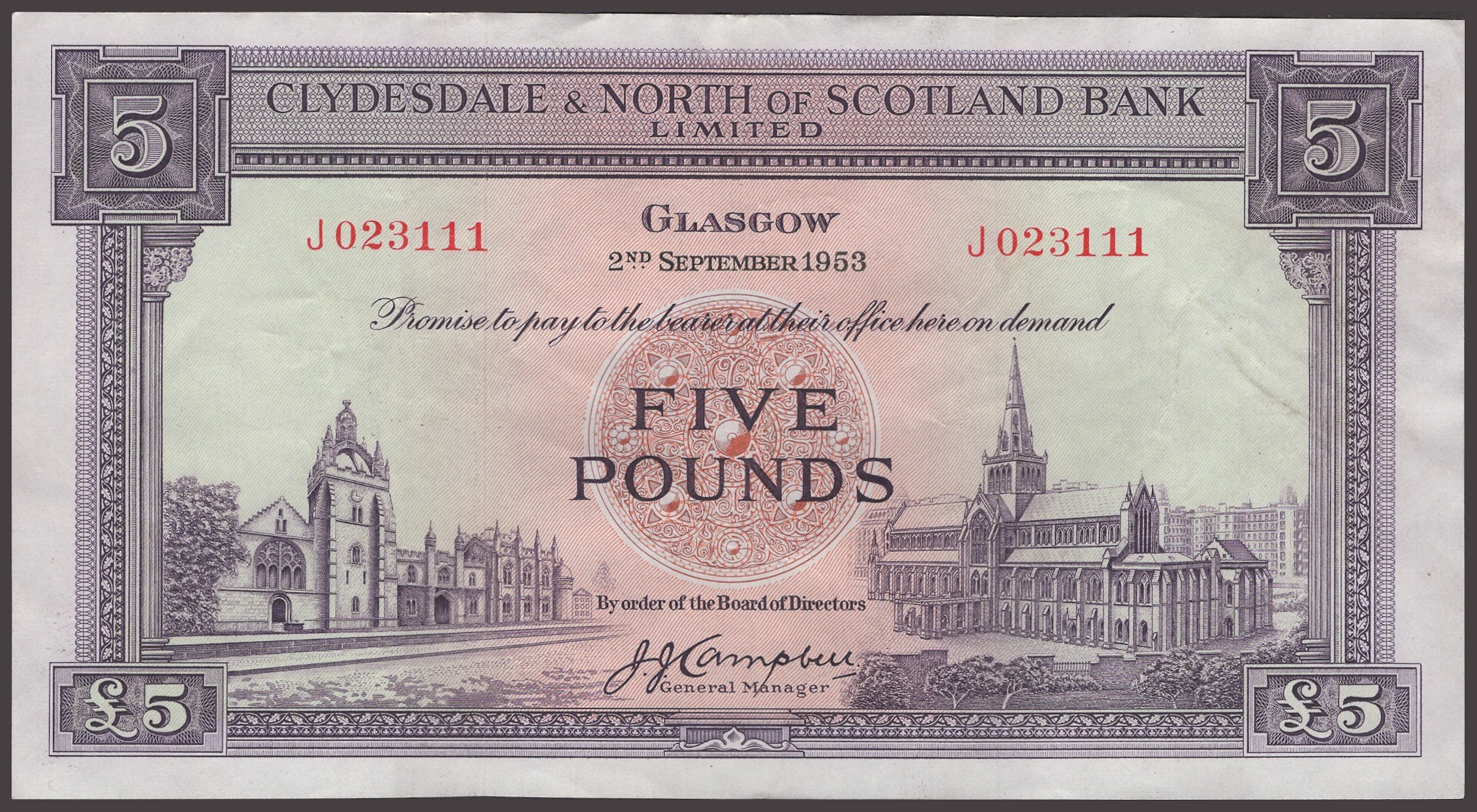 Clydesdale & North of Scotland Bank Limited, £5 (3), 2 September 1953