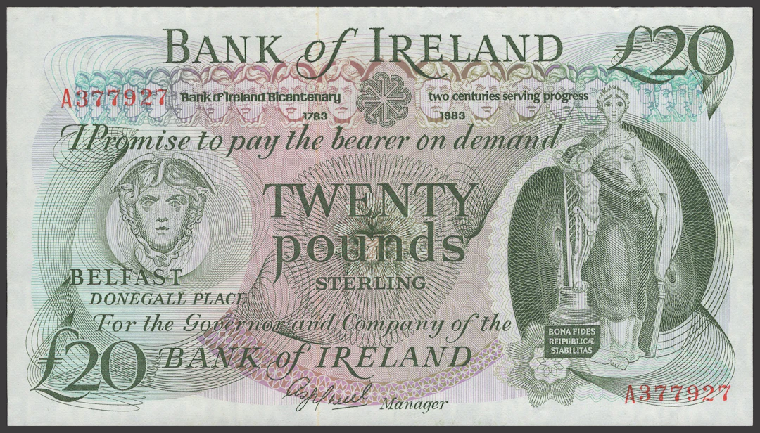 Bank of Ireland, £20, 1983, serial number A377927, O’Neill signature