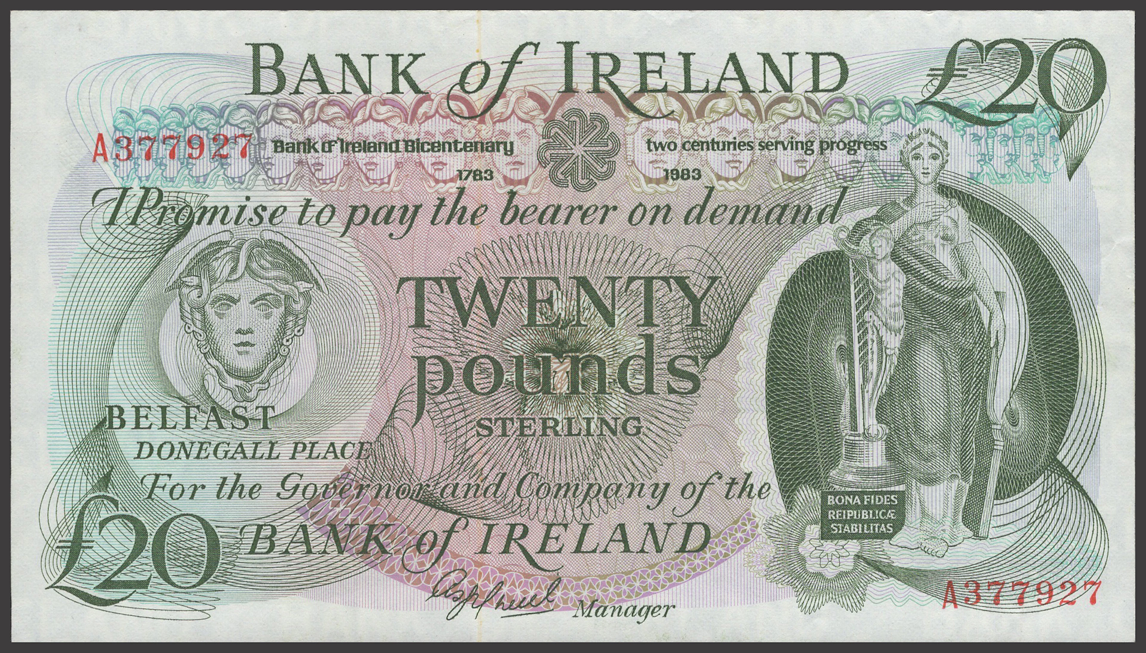 Bank of Ireland, £20, 1983, serial number A377927, O’Neill signature