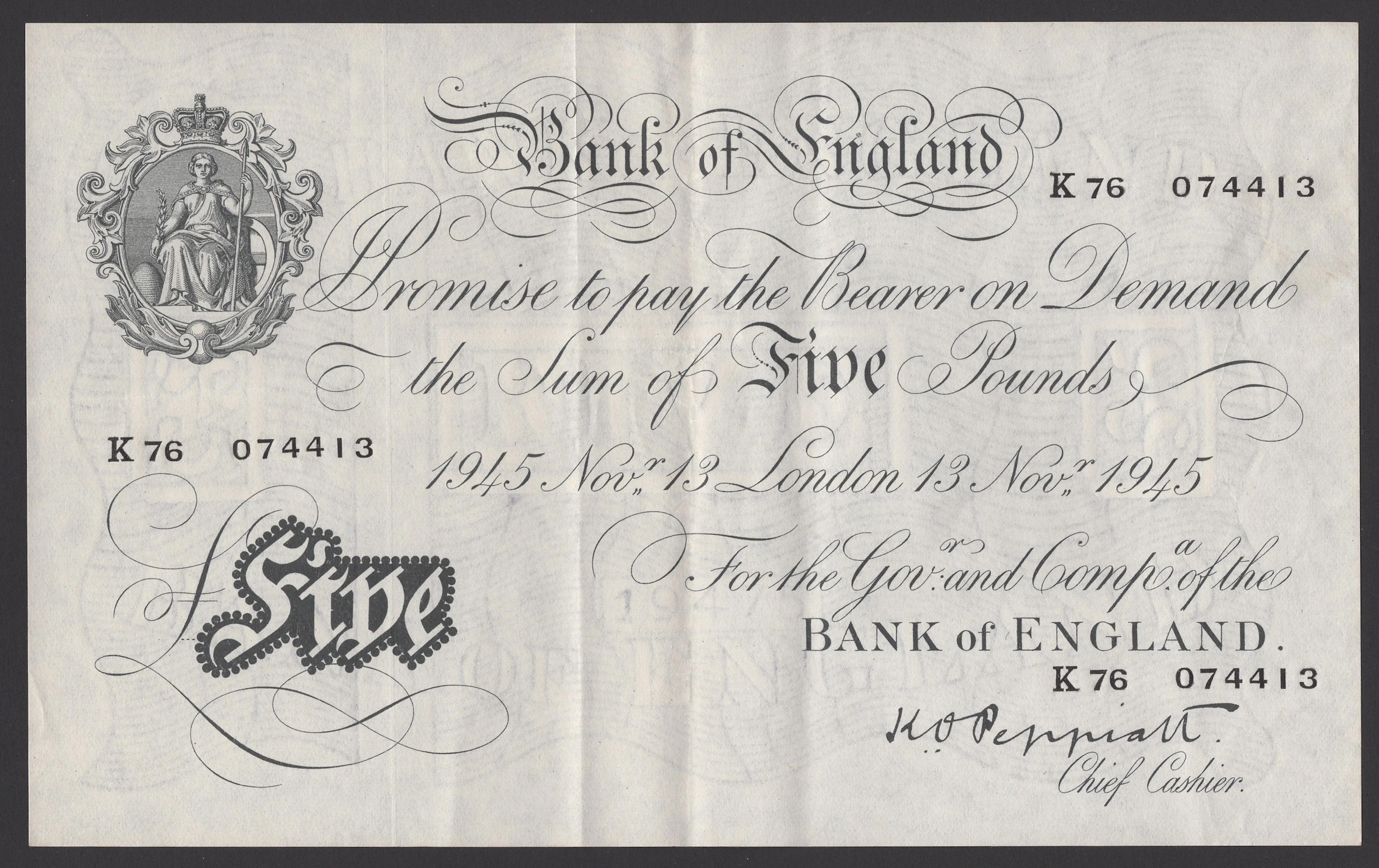 Bank of England, Kenneth O. Peppiatt, £5, 13 November 1945, serial