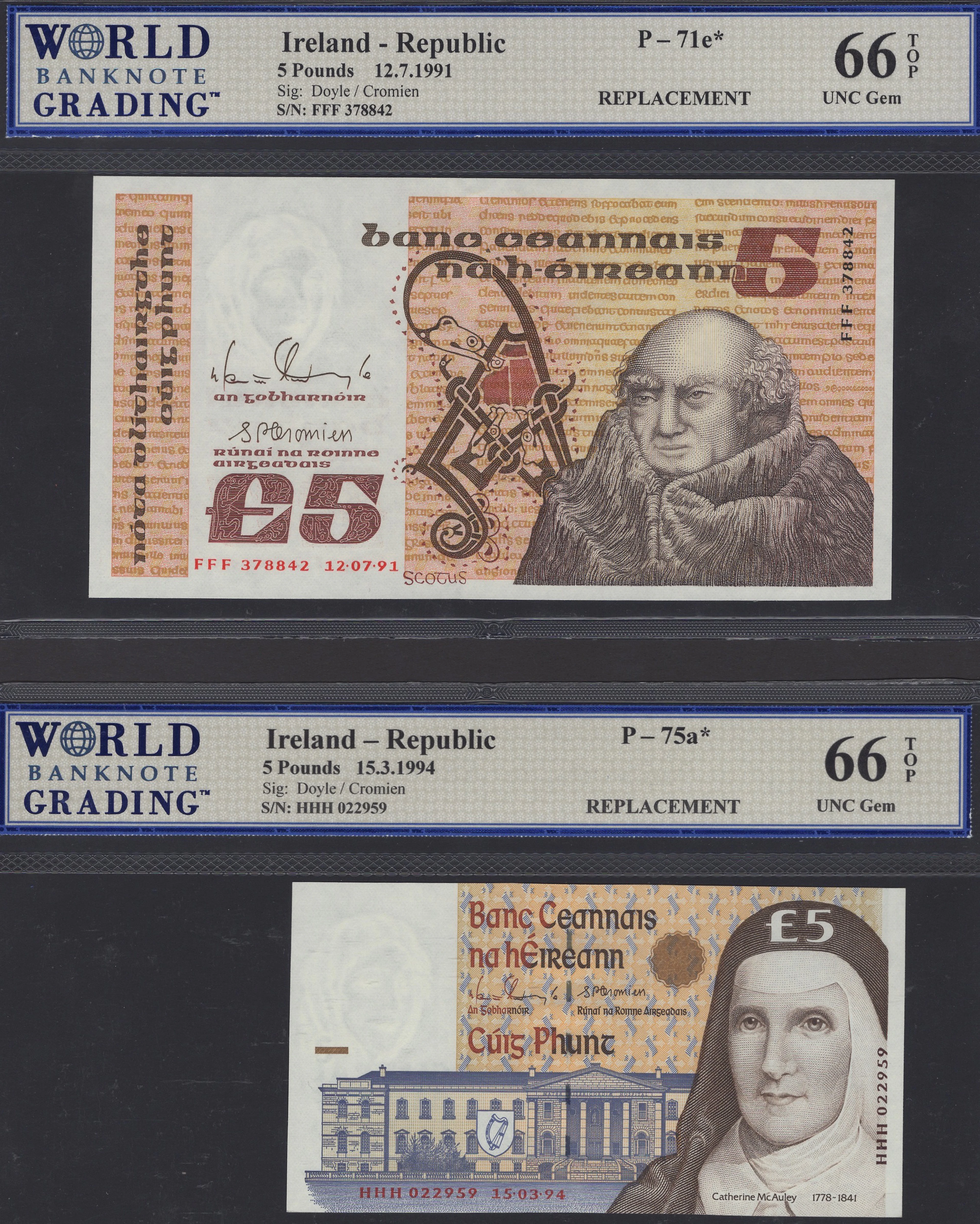 Central Bank of Ireland, replacement £5, 12 July 1991, serial number