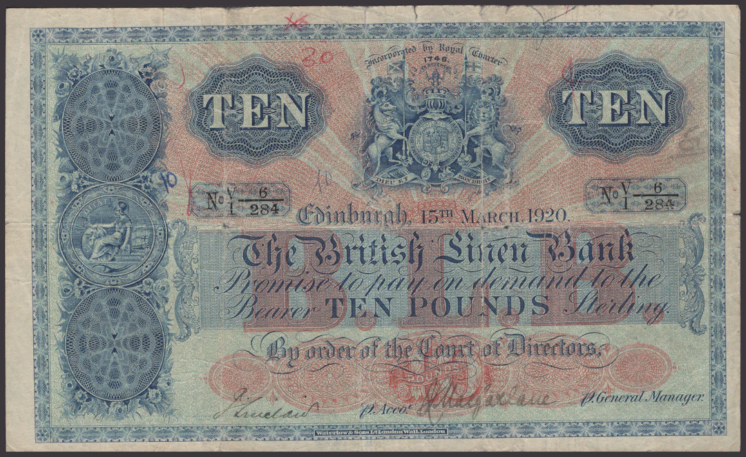 British Linen Bank, £10, 15 March 1920, serial number V/1 6/284, manuscript
