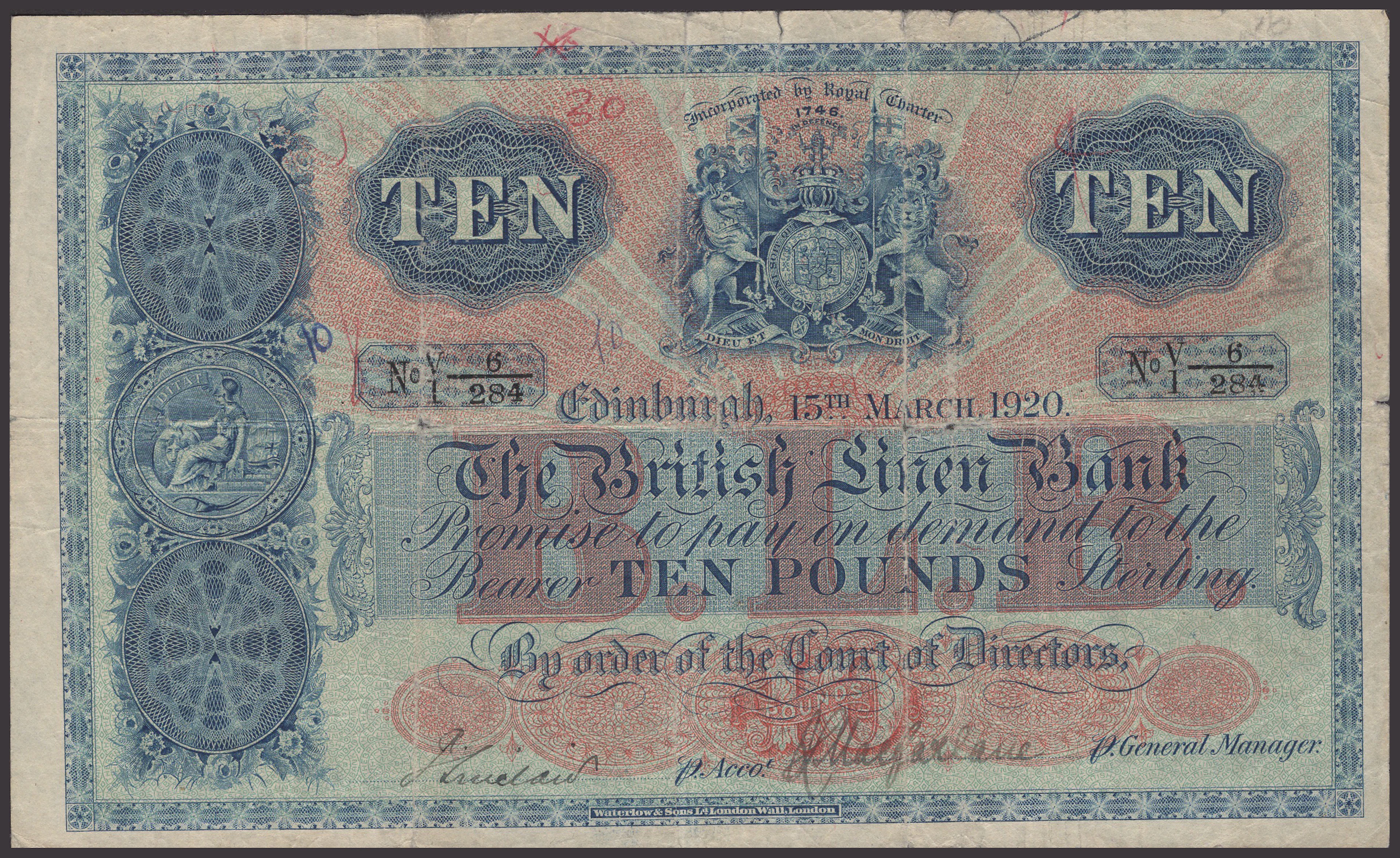 British Linen Bank, £10, 15 March 1920, serial number V/1 6/284, manuscript