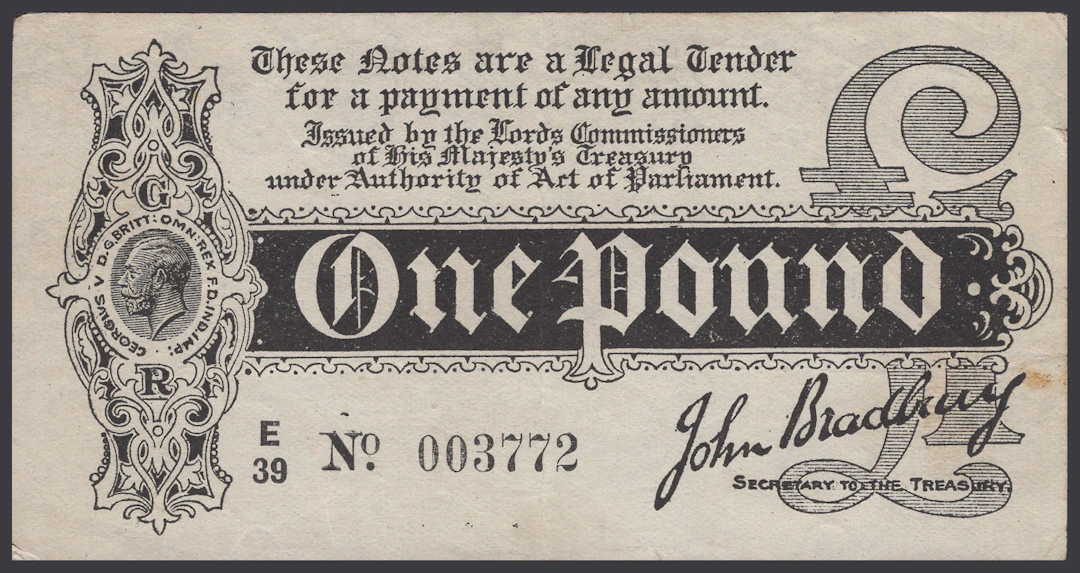 Treasury Series, John Bradbury, £1, 7 August 1914, serial number E/39