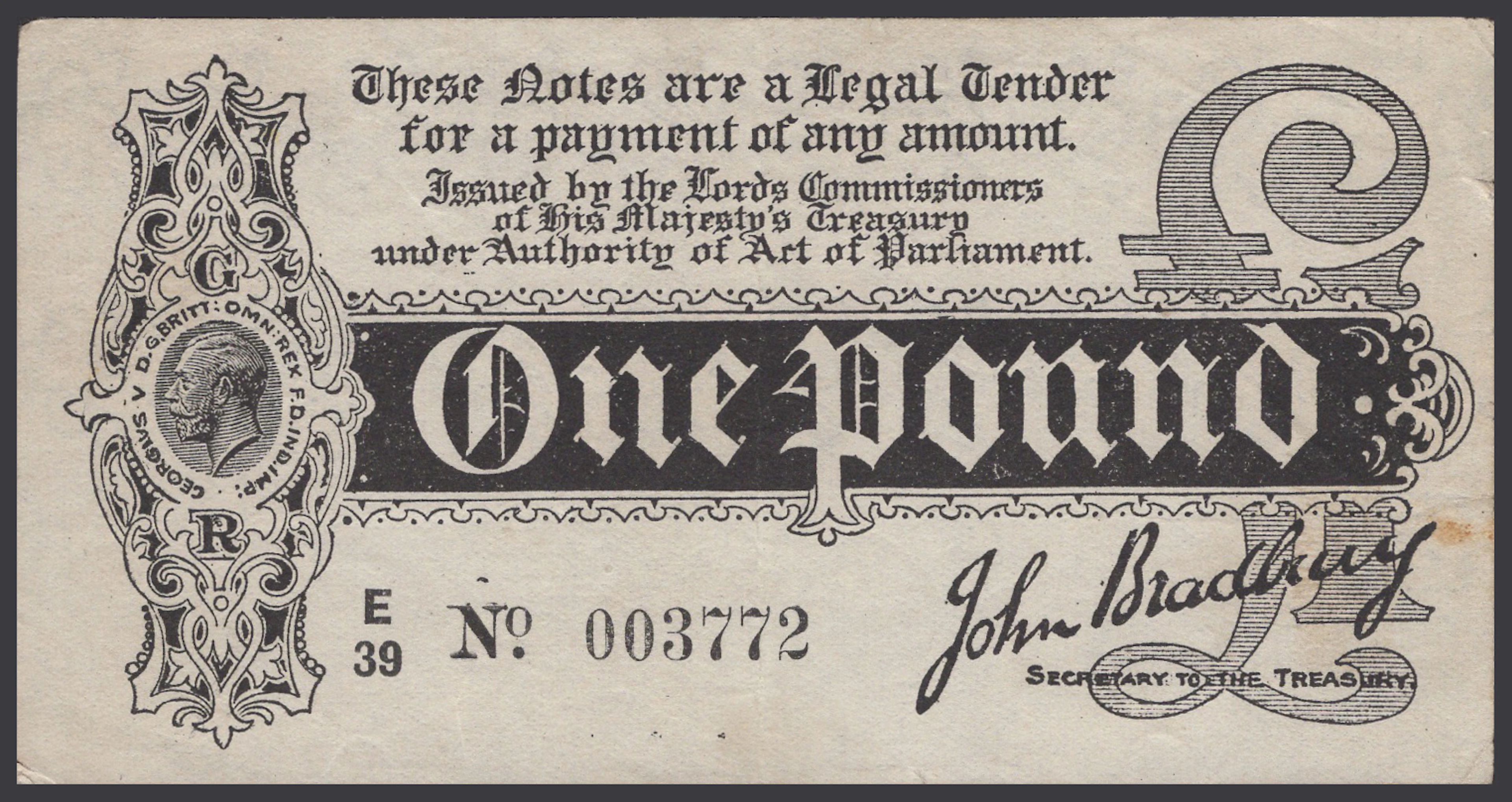 Treasury Series, John Bradbury, £1, 7 August 1914, serial number E/39