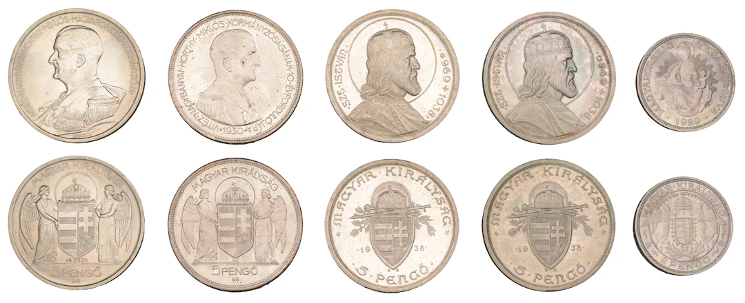 Hungary, Miklós Horthy, 5 Pengo (4), 1930, 1938 (2), 1939, 2 Pengo