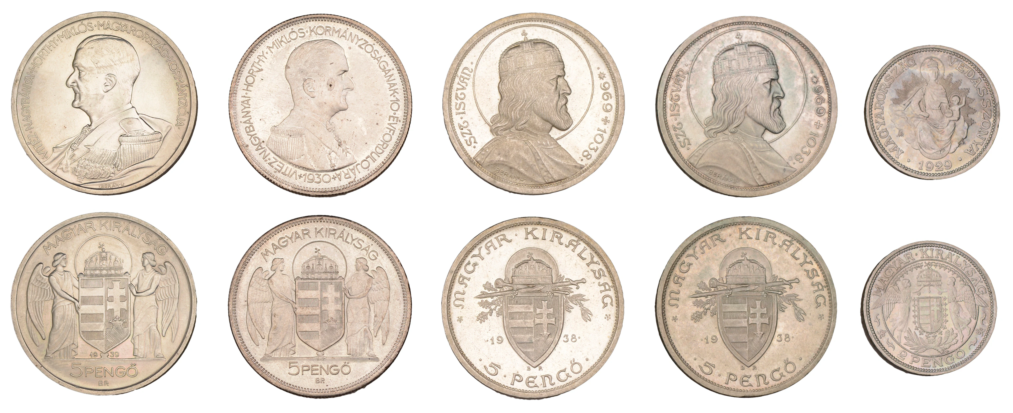 Hungary, Miklós Horthy, 5 Pengo (4), 1930, 1938 (2), 1939, 2 Pengo