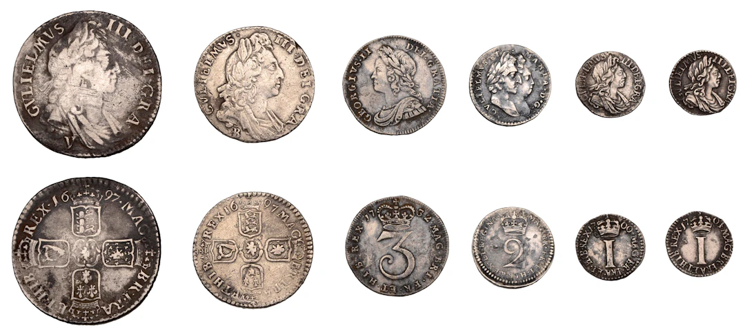 William III, Shilling 1697y (S 3502); Sixpence, 1697B (S 3521); together