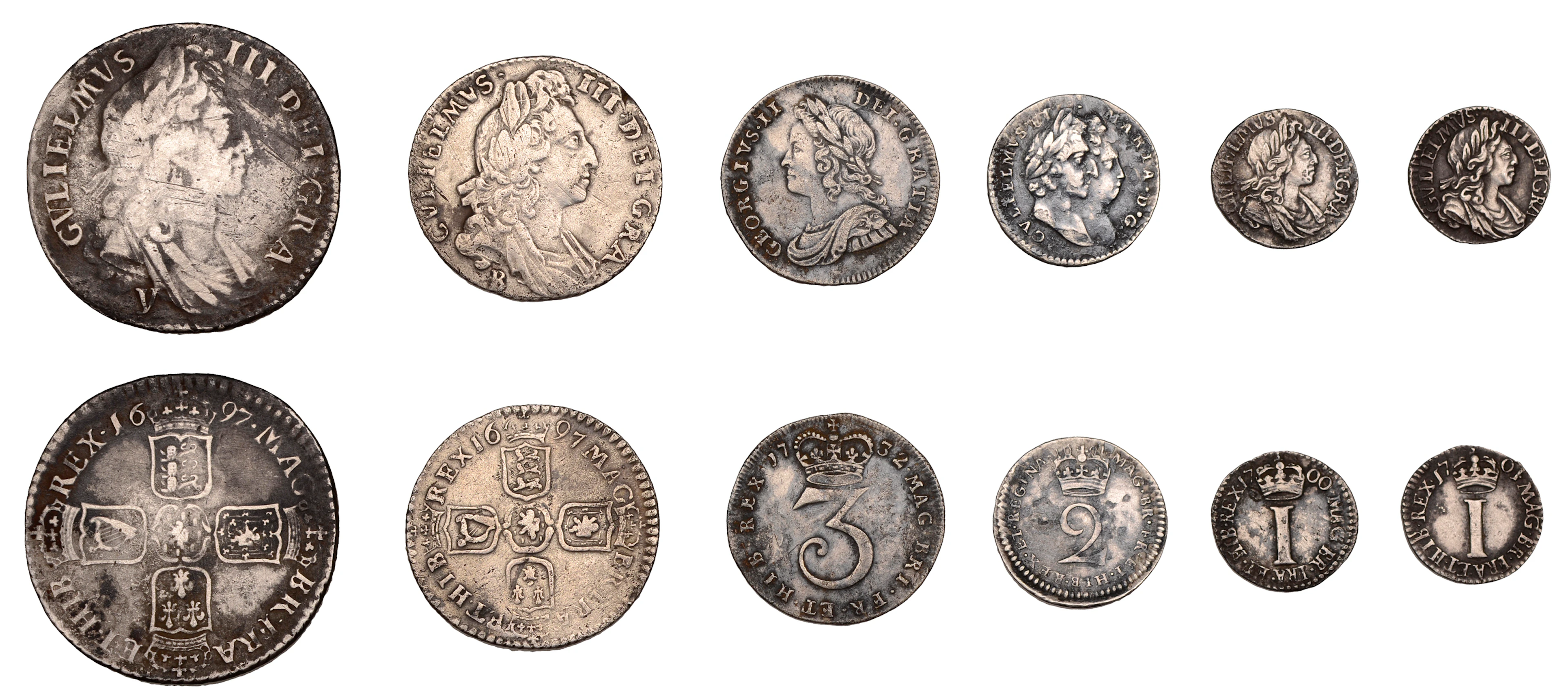 William III, Shilling 1697y (S 3502); Sixpence, 1697B (S 3521); together