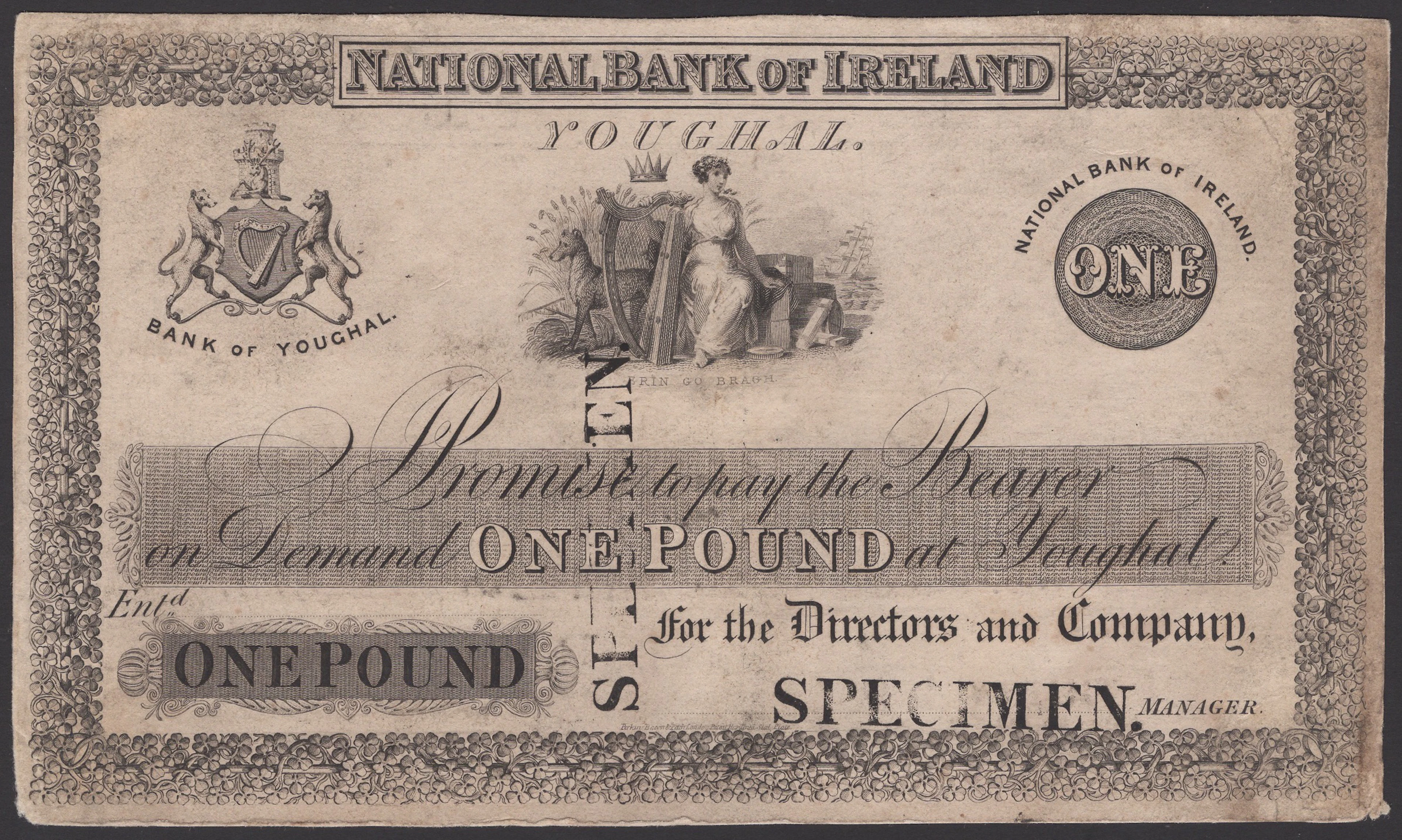 National Bank of Ireland, proof on thin card for £1, Youghal, ND (1836-43)