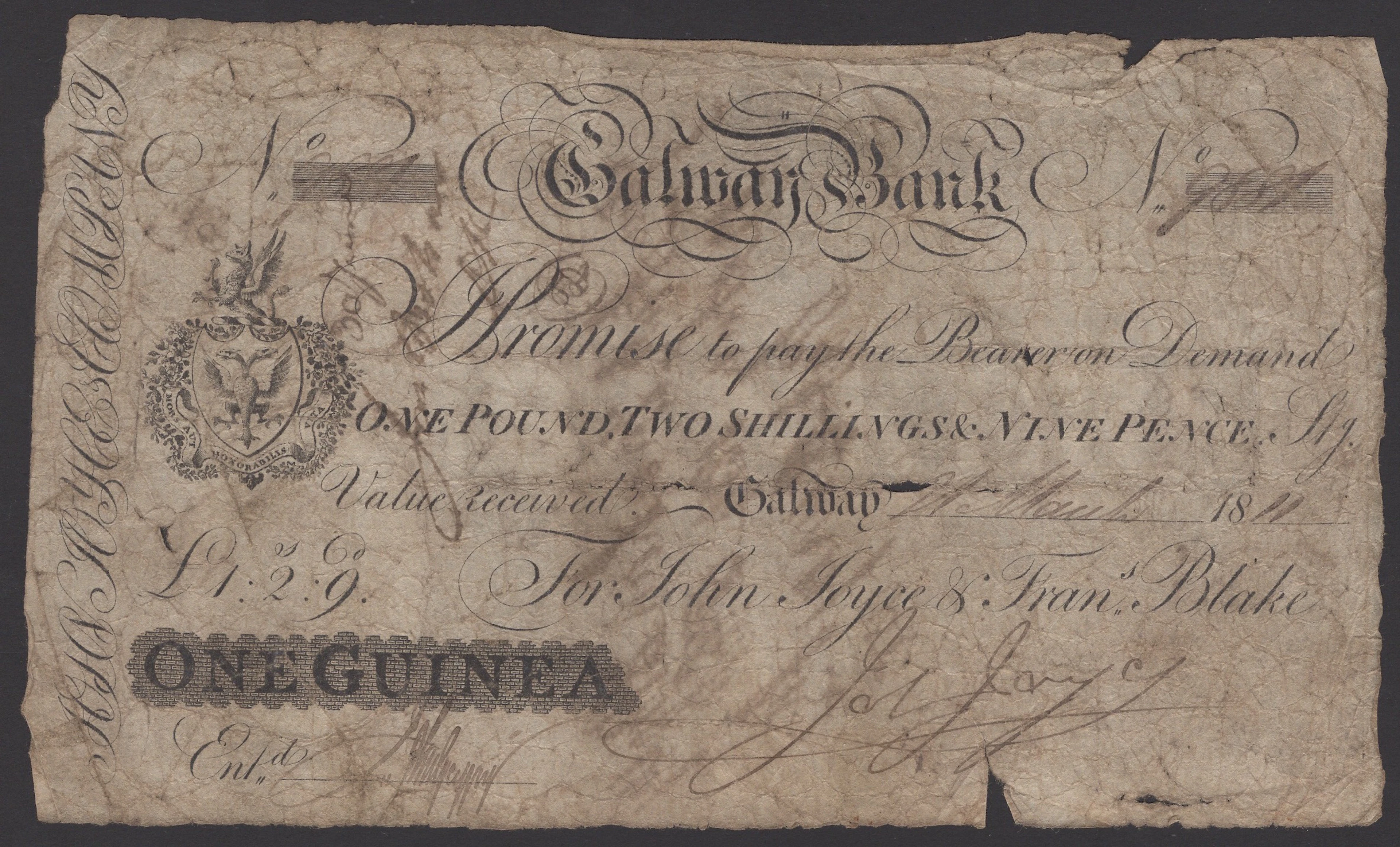 Galway Bank, for John Joyce & Francis Blake, 1 Guinea, 21 March 1911
