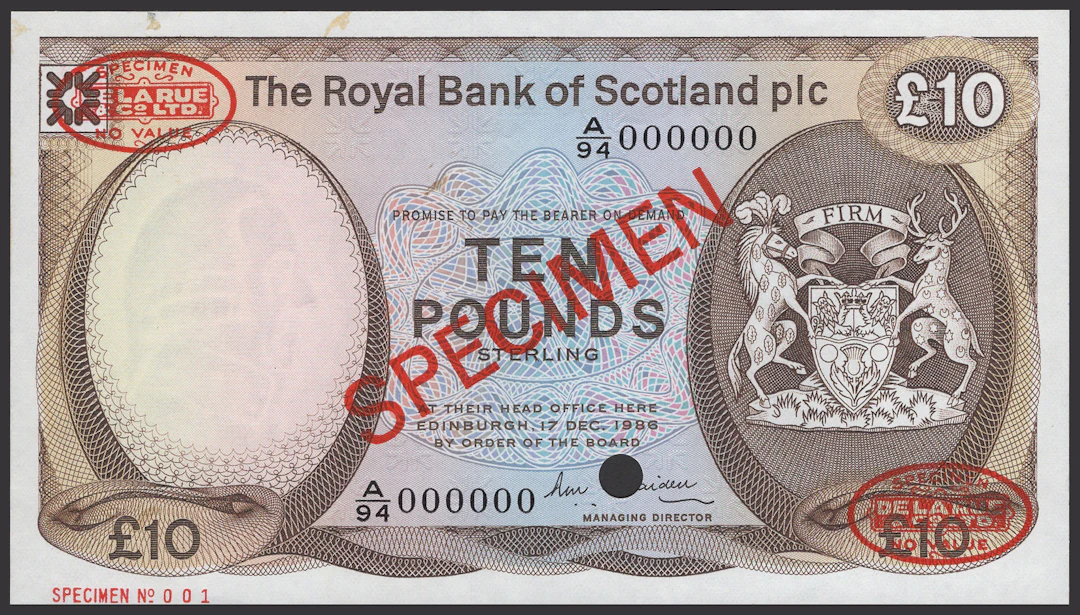 Royal Bank of Scotland PLC, specimen £10, 25 March 1987, serial number