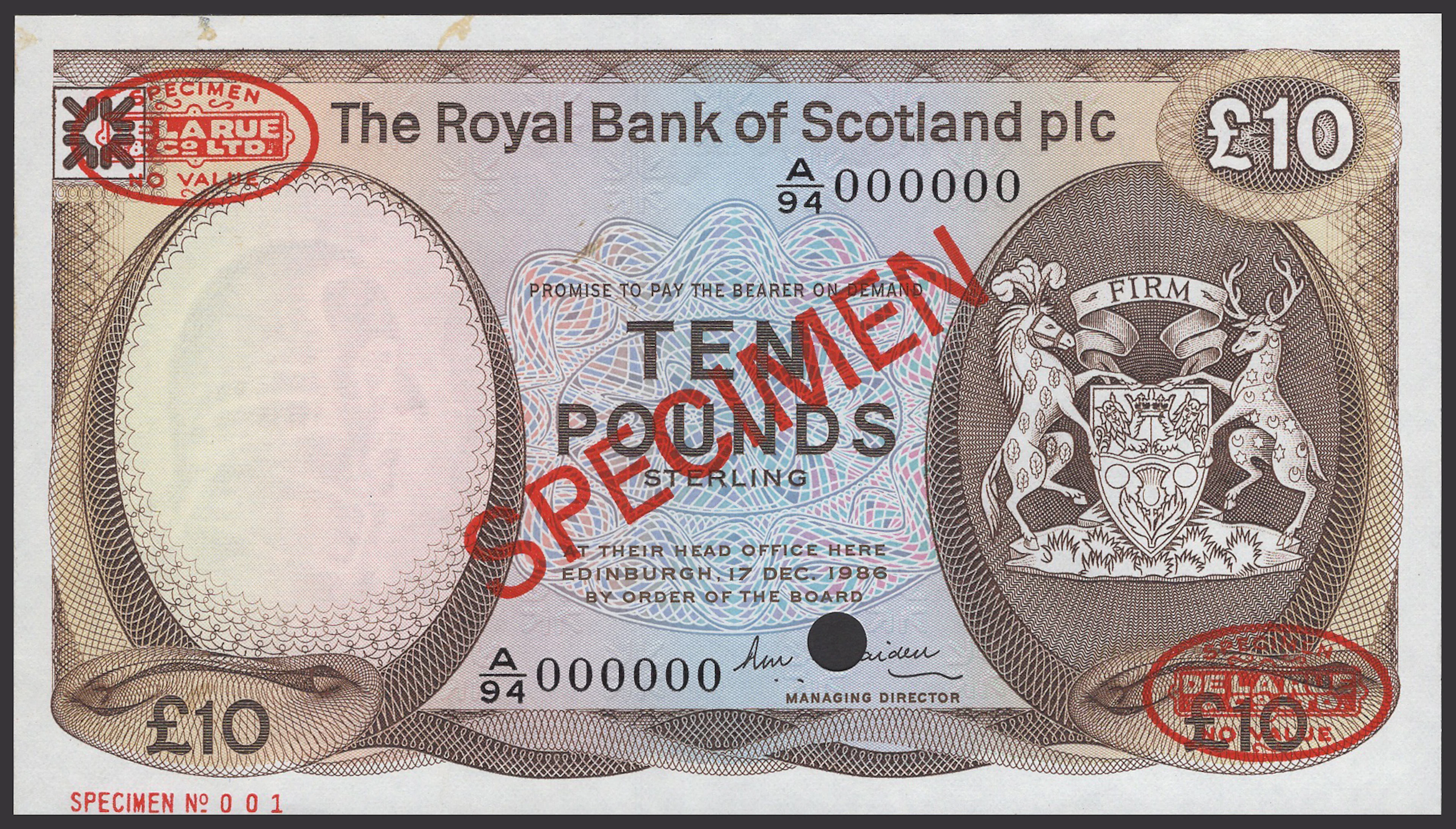 Royal Bank of Scotland PLC, specimen £10, 25 March 1987, serial number