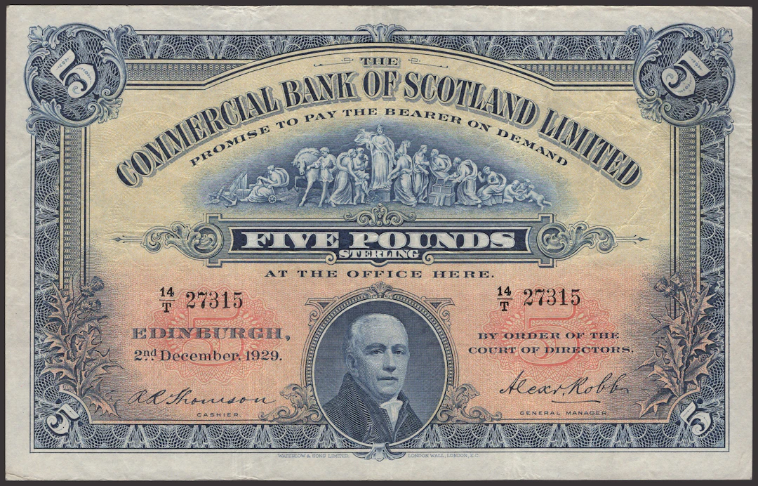 Commercial Bank of Scotland Limited, £5, 2 December 1929, serial number