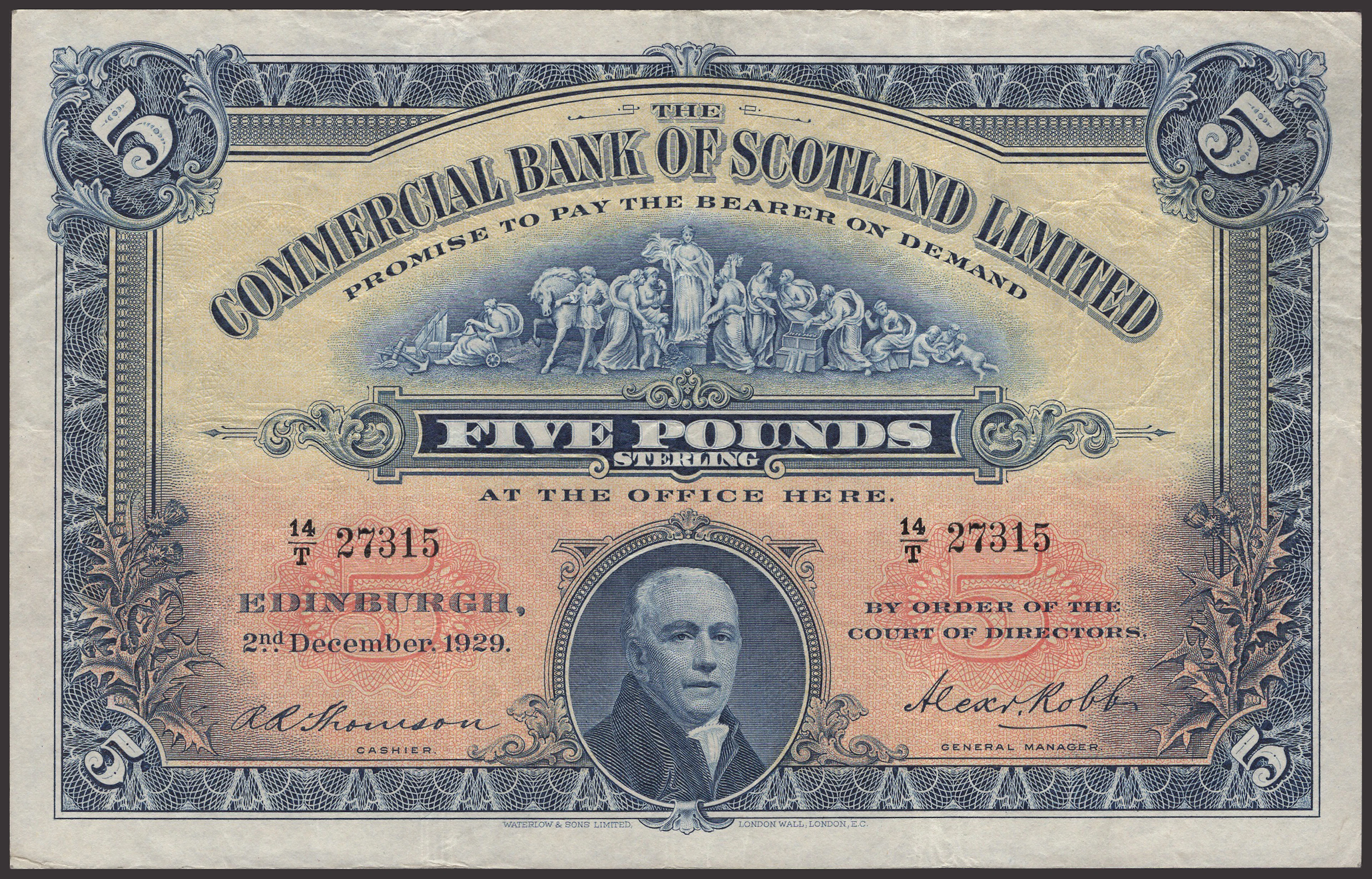 Commercial Bank of Scotland Limited, £5, 2 December 1929, serial number