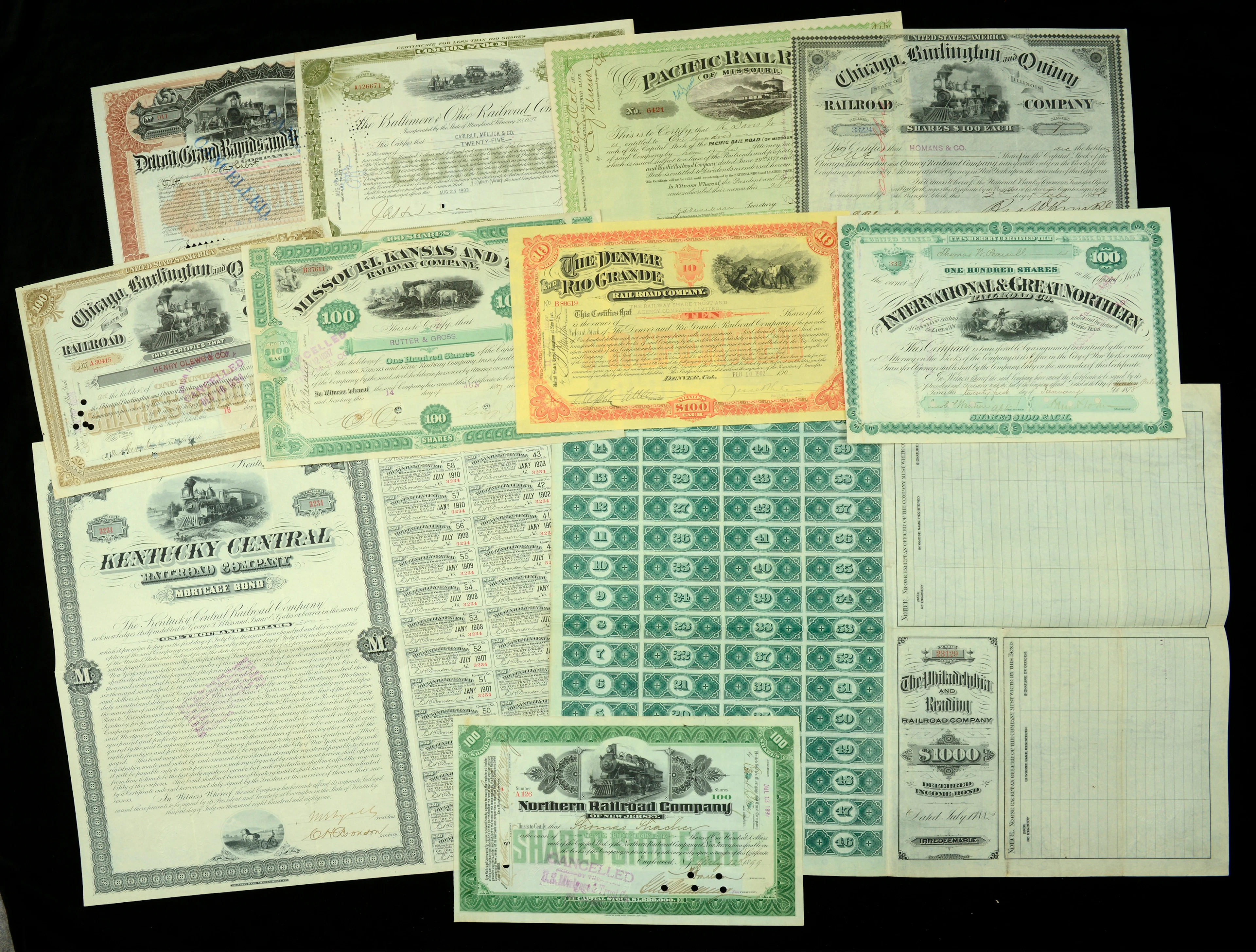 A Mixed Group of American Railway Share Certificates (9), a mortgage