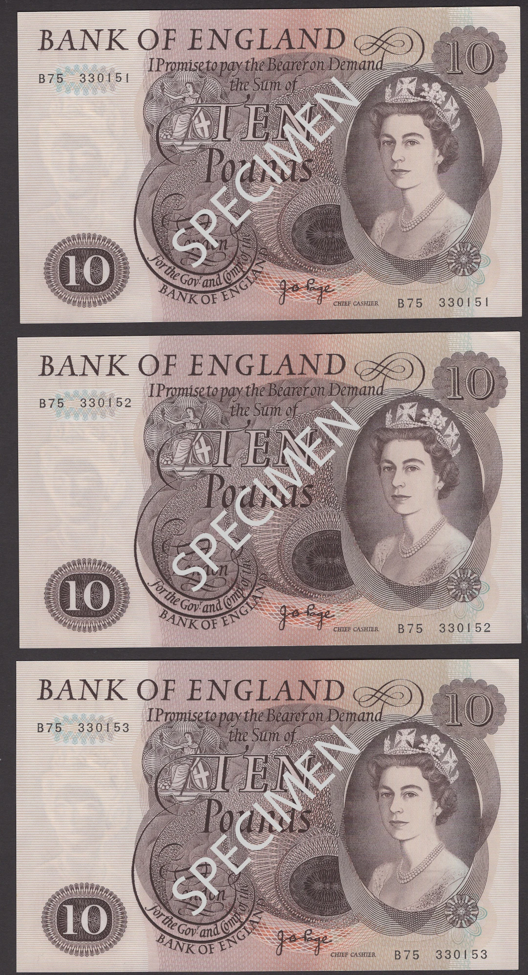 Bank of England, John B. Page, £10 (10), ND (1971), consecutive serial