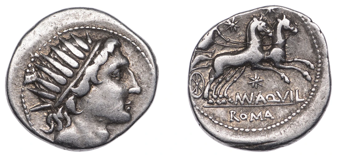 Republican Issues, Man. Aquillius, Dearnius, c. 109-108, radiate head