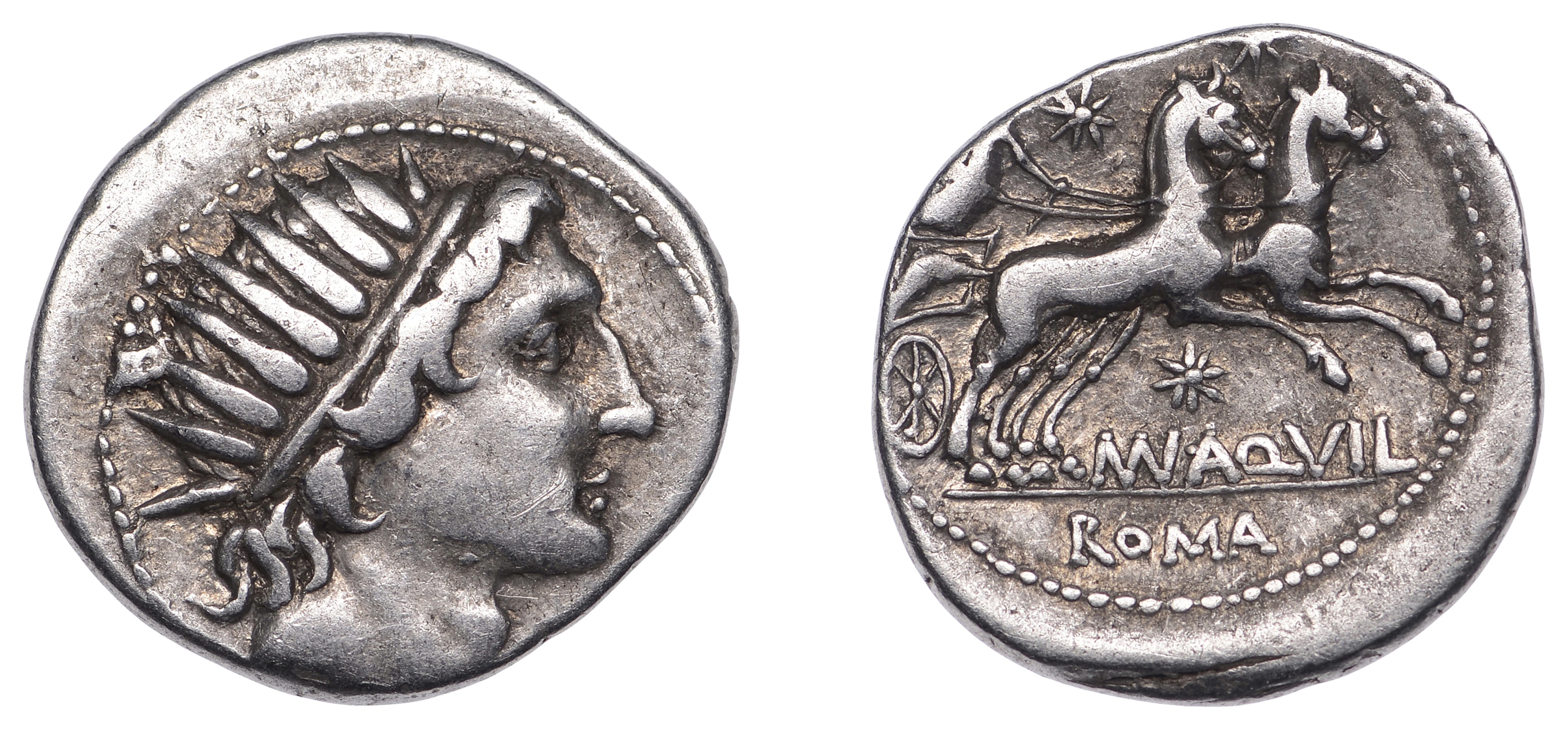 Republican Issues, Man. Aquillius, Dearnius, c. 109-108, radiate head