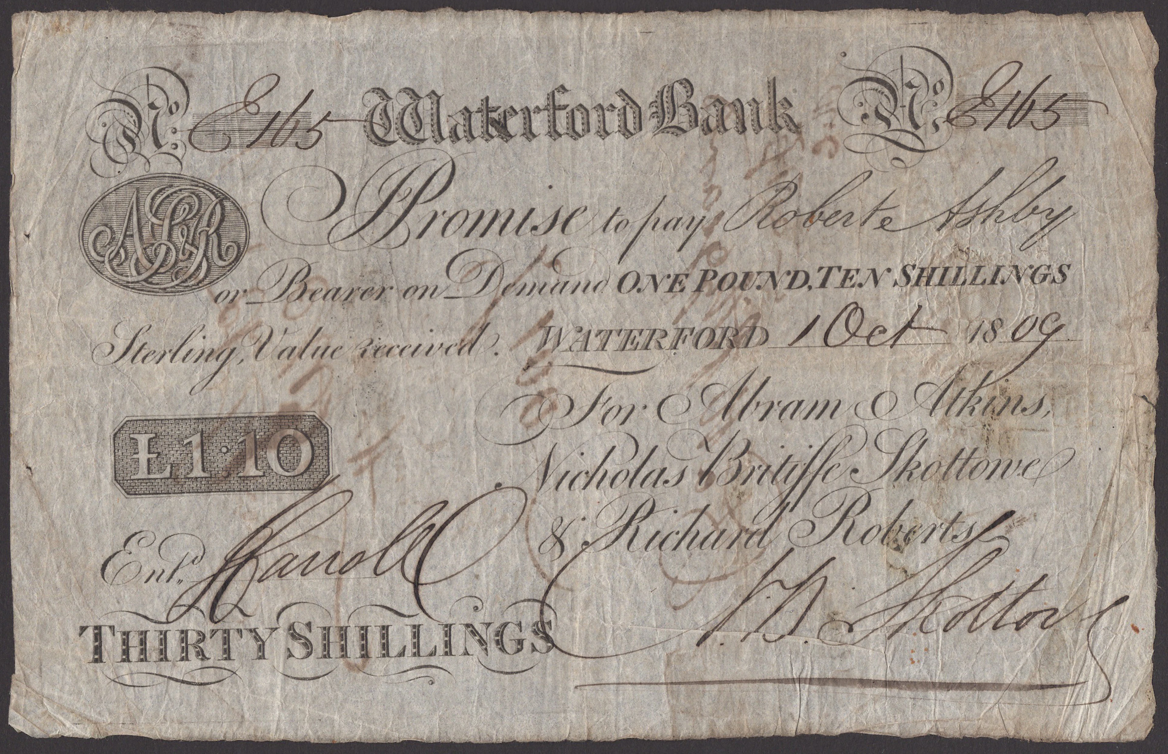 Waterford Bank, for Abram Atkins, Nicholas Britiffe Skottowe & Richard