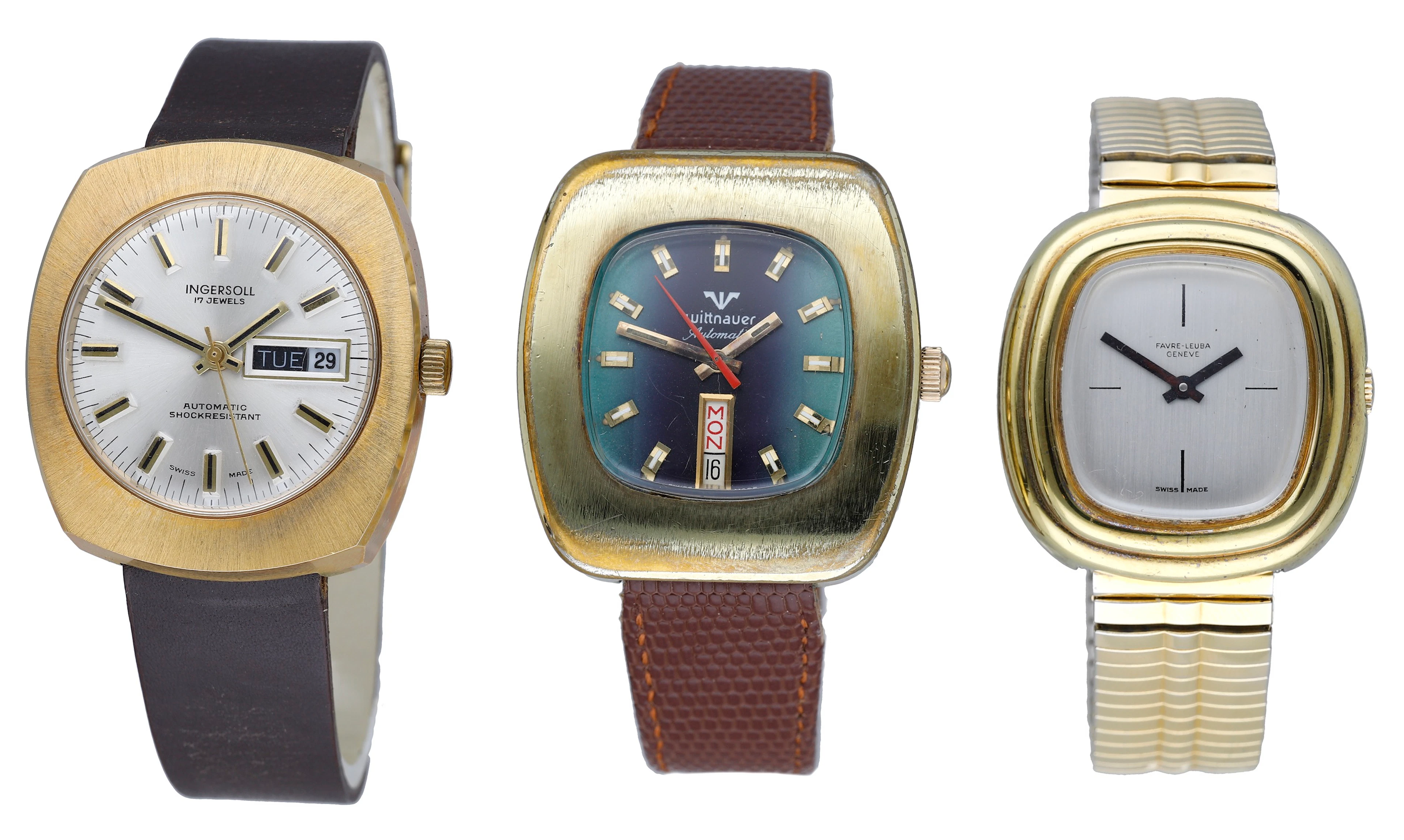 Ingersoll, Wittnauer, Favre-Leuba. Three gold plated wristwatches.