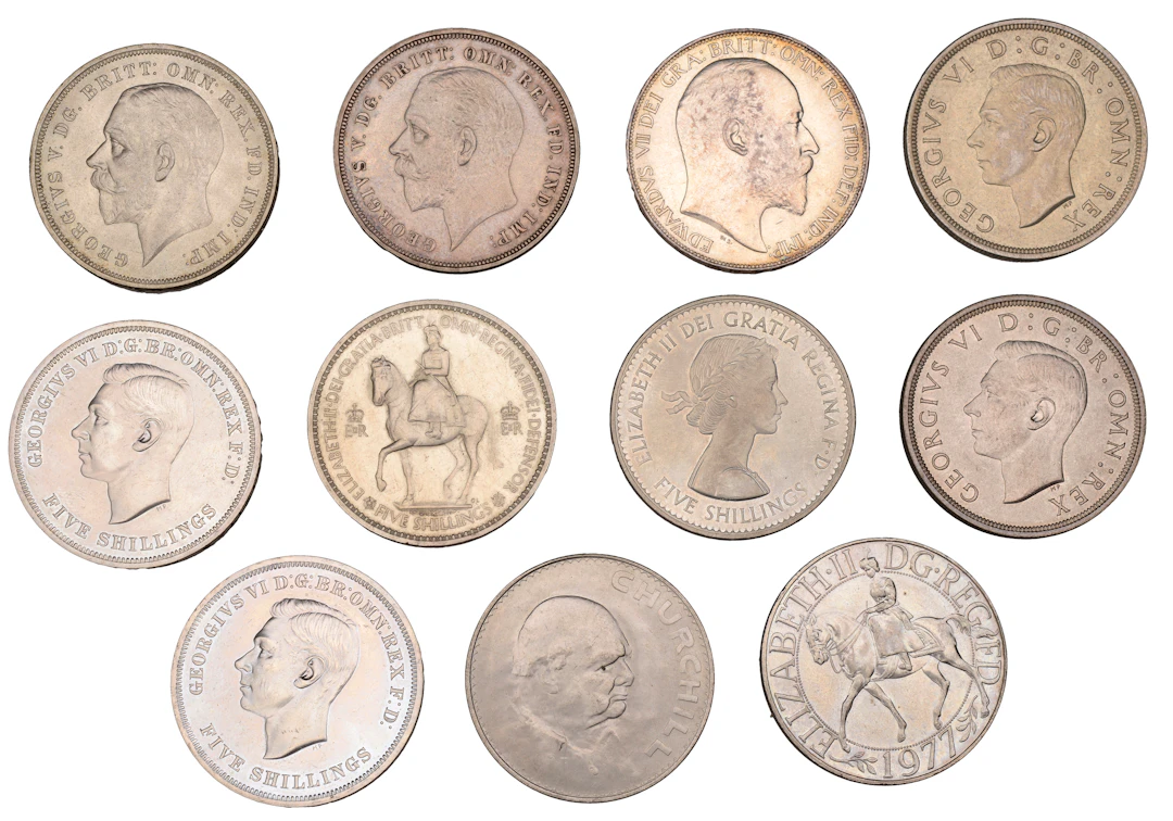 Edward VII, Crown, 1902, edge II (ESC 3560; S 3979); George V, Crowns