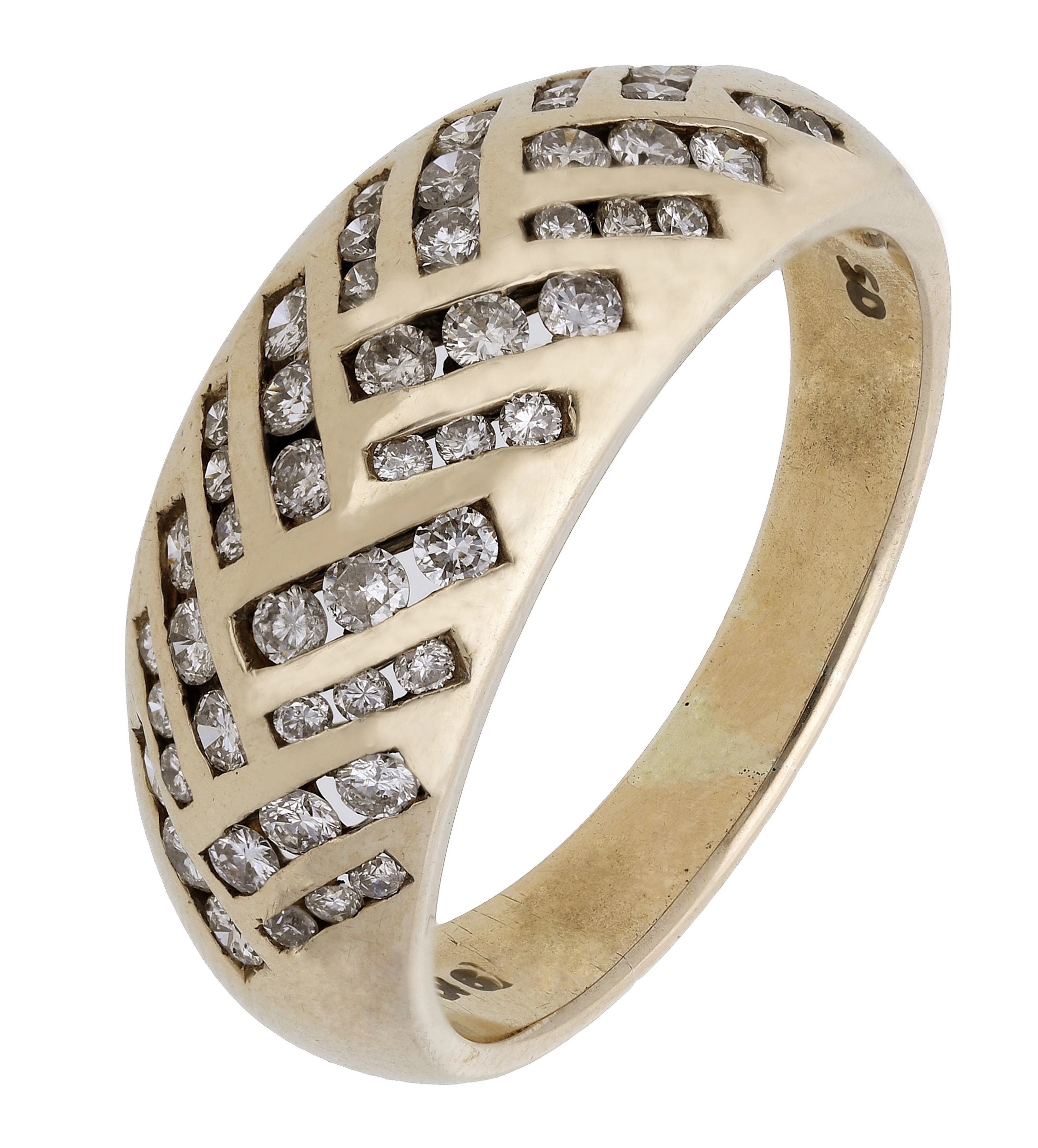 A diamond dress ring, the domed tapered band set with trios of channel-set