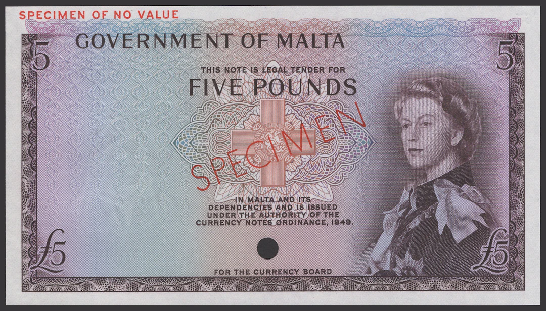 Government of Malta, colour trial £5, L. 1949 (1961-3), no serial