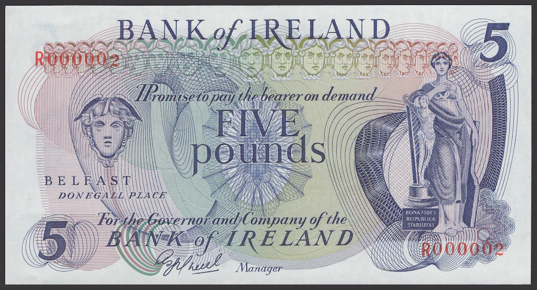 Bank of Ireland, £5, 1981, serial number R000002, O’Neill signature