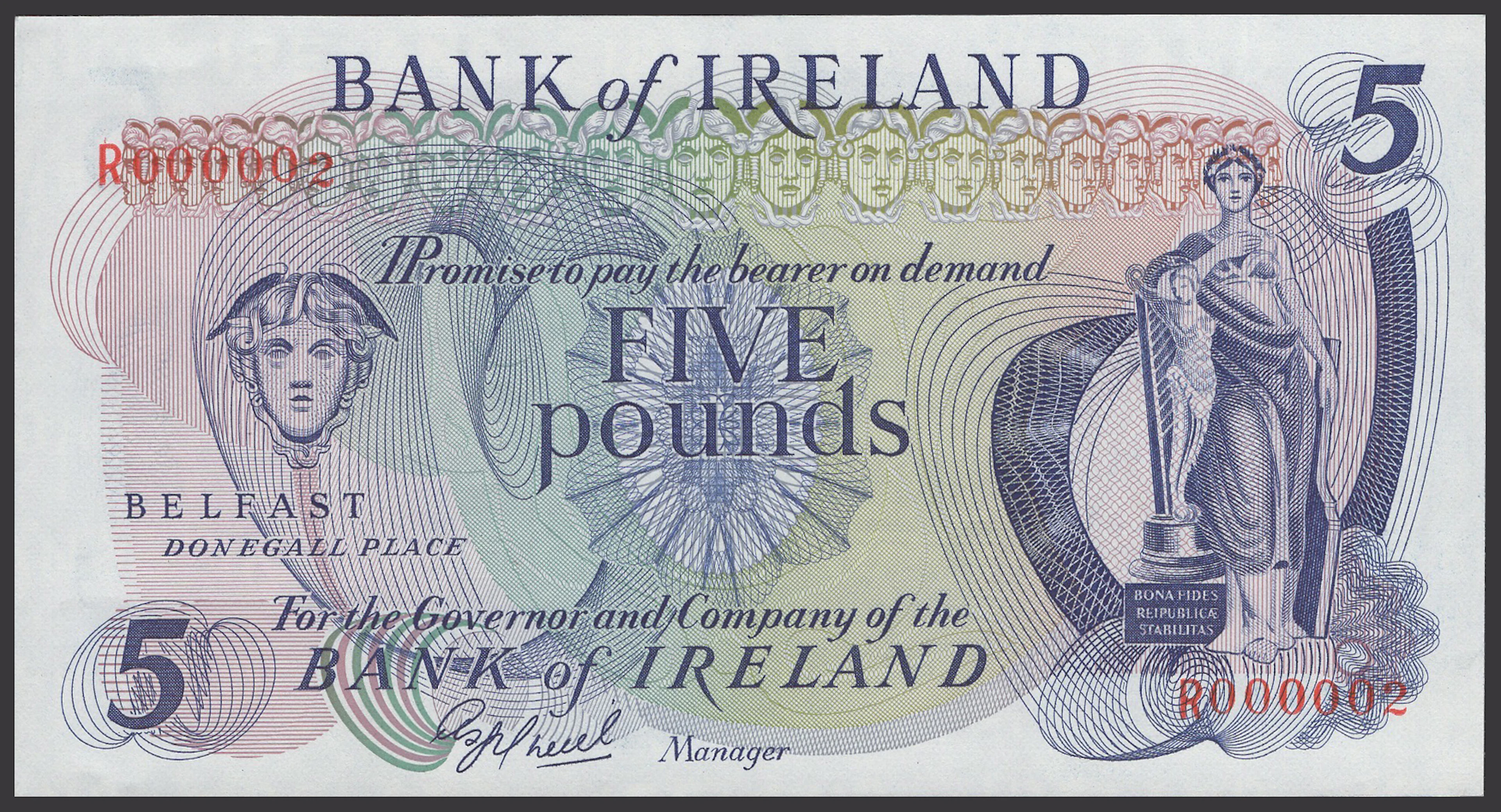 Bank of Ireland, £5, 1981, serial number R000002, O’Neill signature