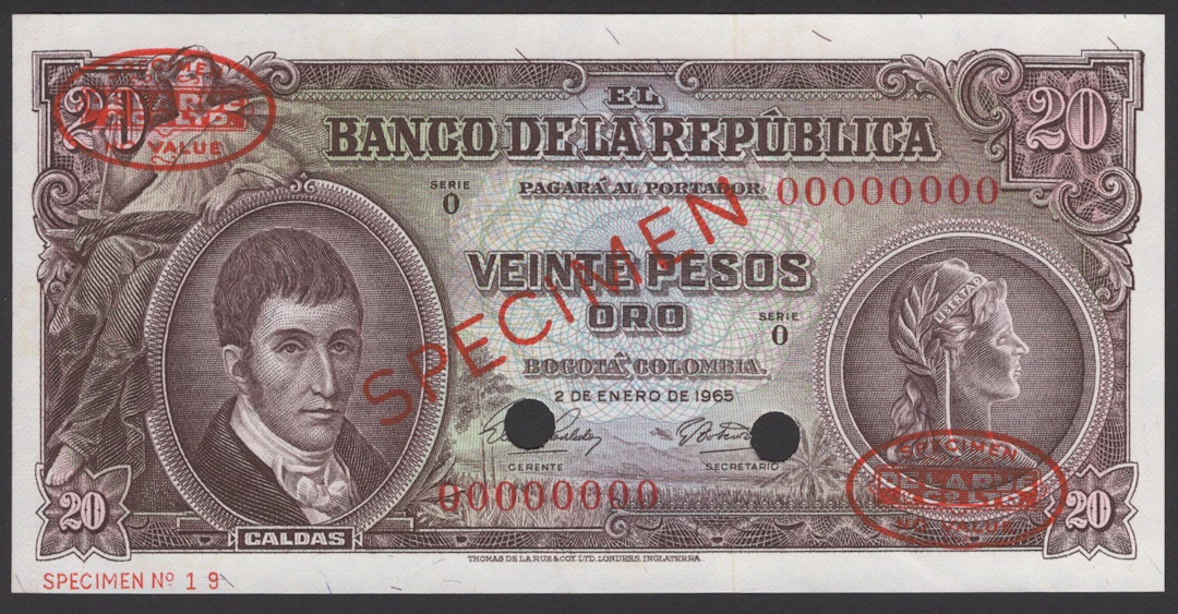 Banco de la Republica, Colombia, specimen 20 pesos, 2 January 1965