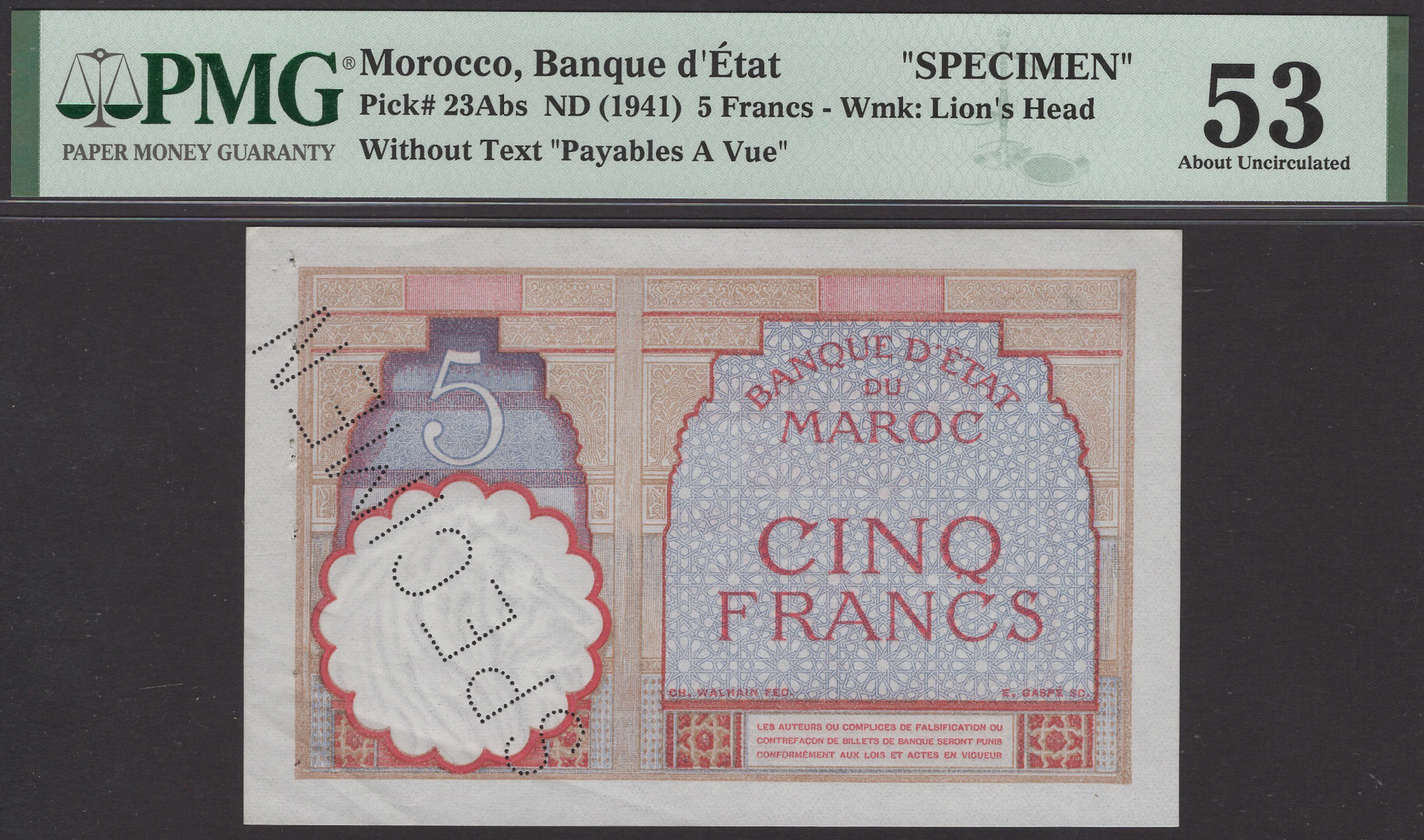 Banque d’Etat du Maroc, specimen 5 Francs, ND (1941), without serial