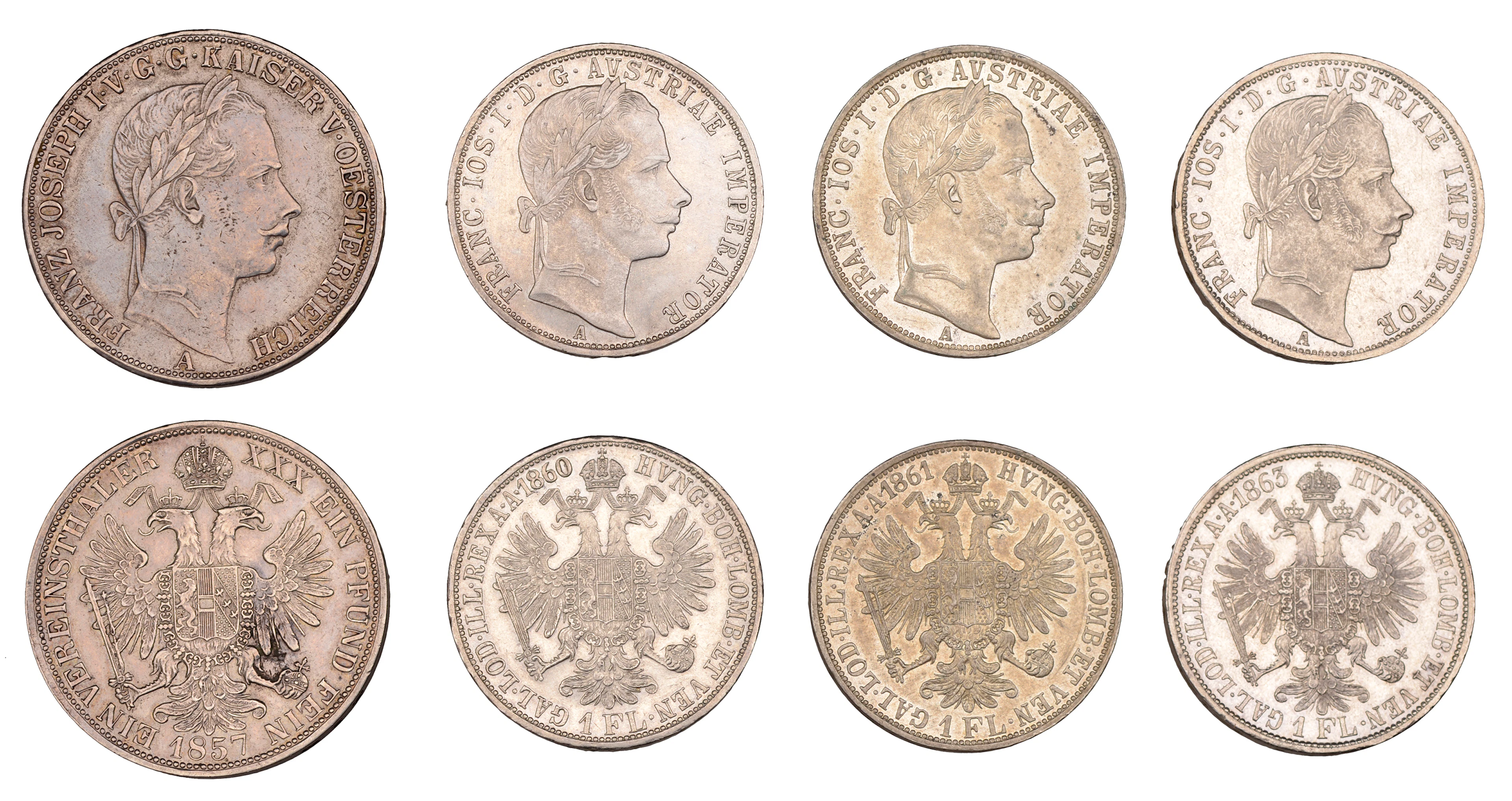Austria, Franz Joseph I, Thaler, 1857a, Florins (3), 1860a, 1861a